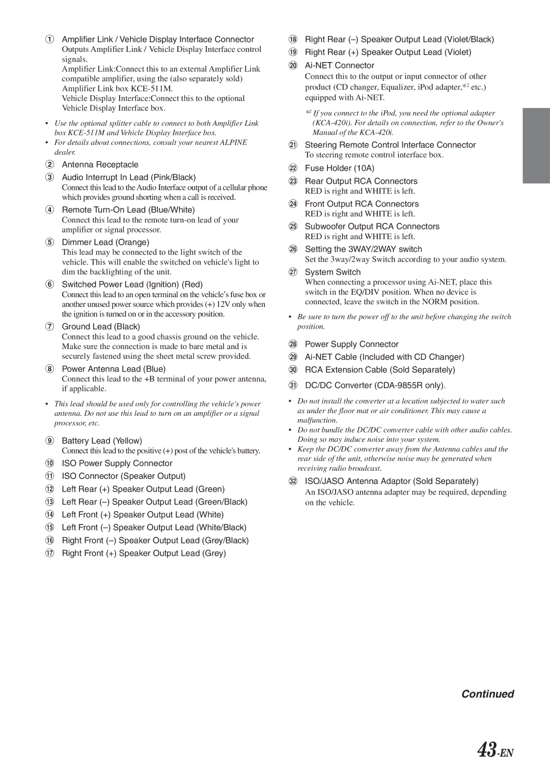 Alpine CDA-9855R, CDA-9853R owner manual 43-EN, Amplifier Link / Vehicle Display Interface Connector 