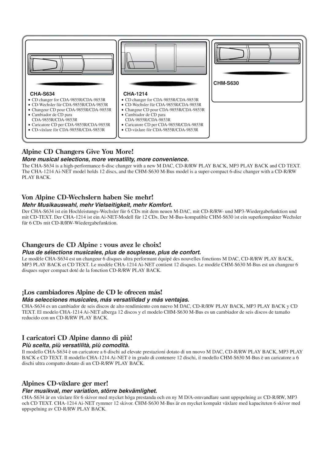 Alpine CDA-9855R, CDA-9853R owner manual Alpine CD Changers Give You More, CHM-S630 CHA-S634 CHA-1214 