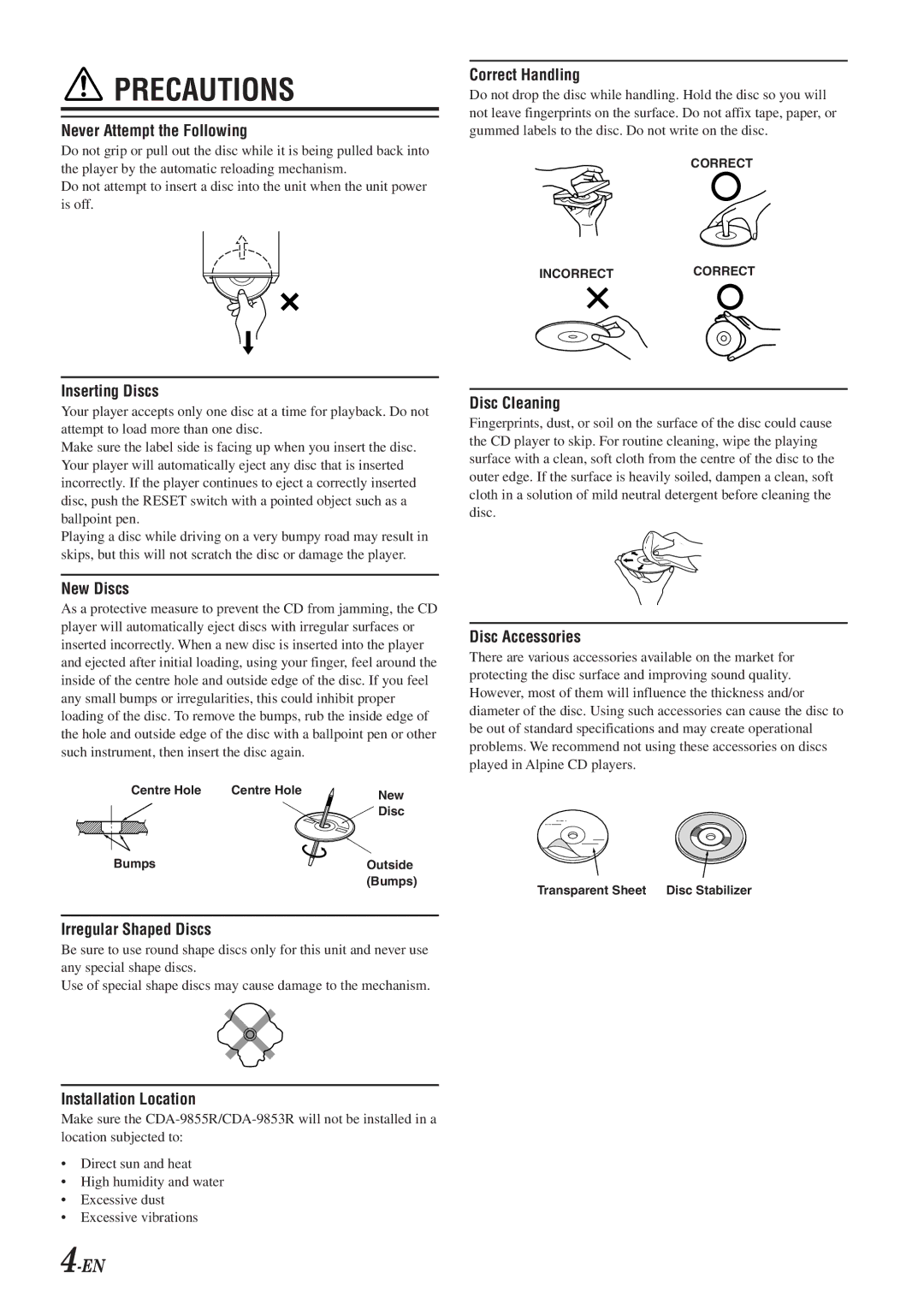 Alpine CDA-9853R, CDA-9855R owner manual Never Attempt the Following 