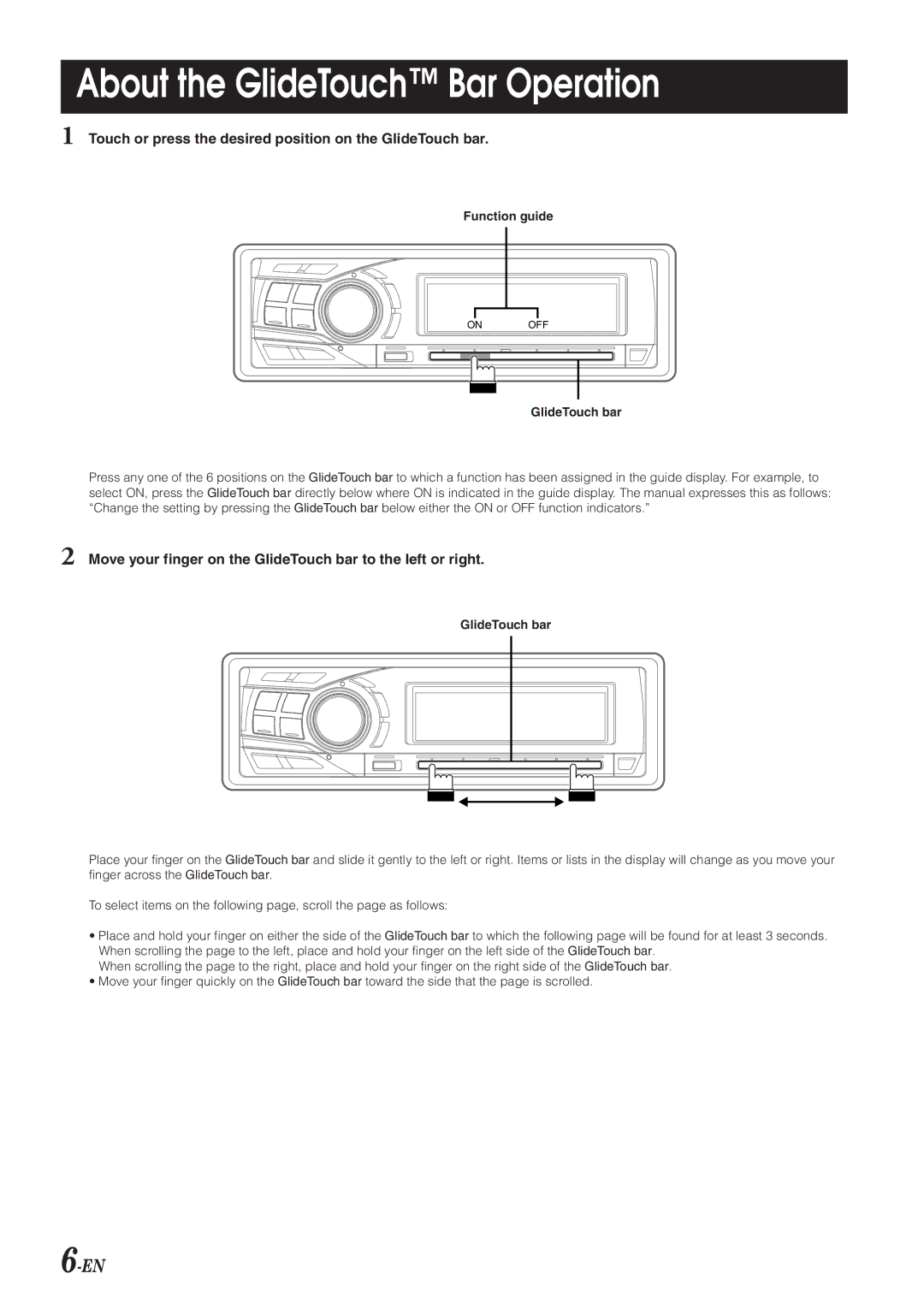 Alpine CDA-9853R, CDA-9855R About the GlideTouch Bar Operation, Touch or press the desired position on the GlideTouch bar 