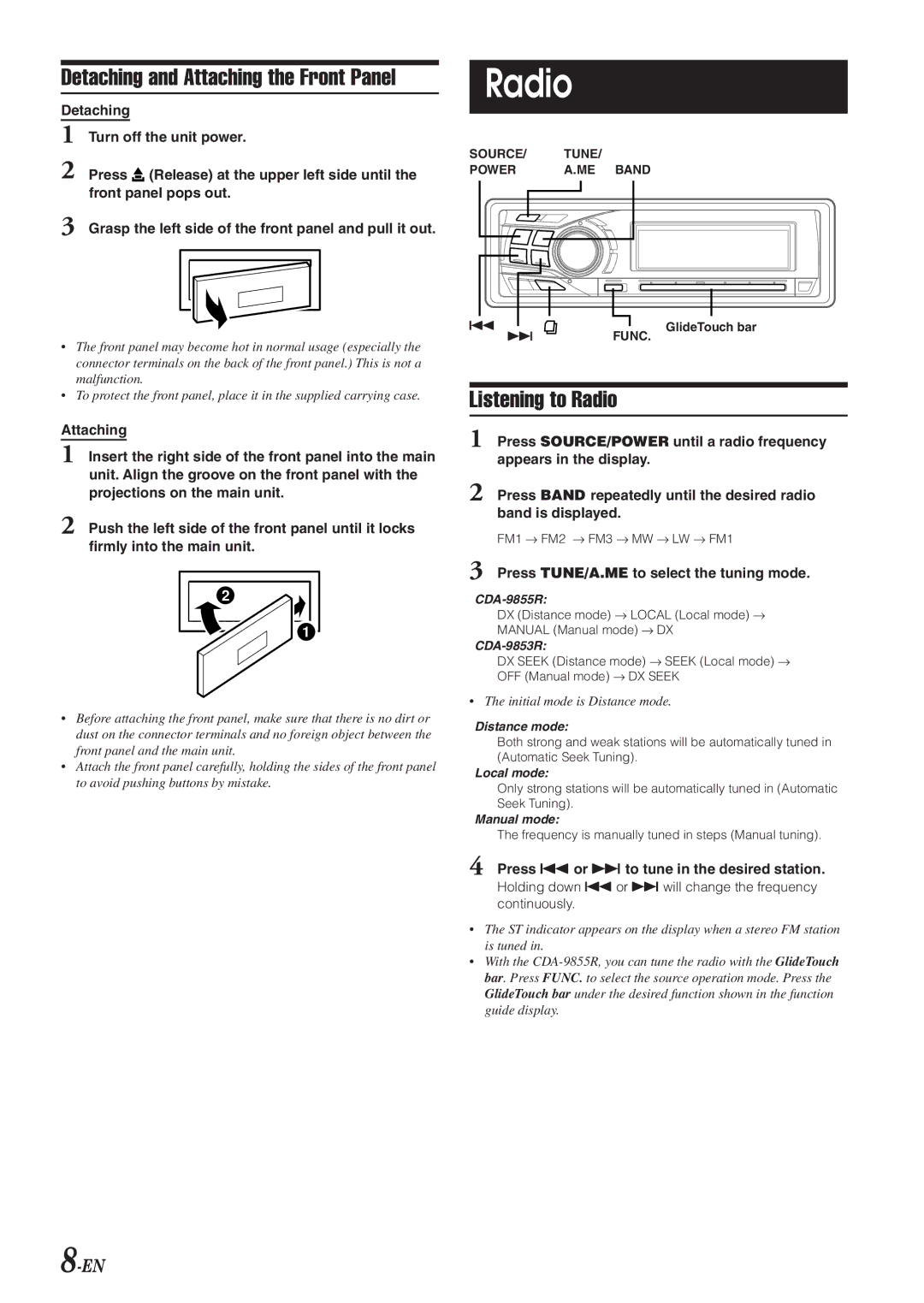 Alpine CDA-9853R, CDA-9855R owner manual Detaching and Attaching the Front Panel, Listening to Radio 