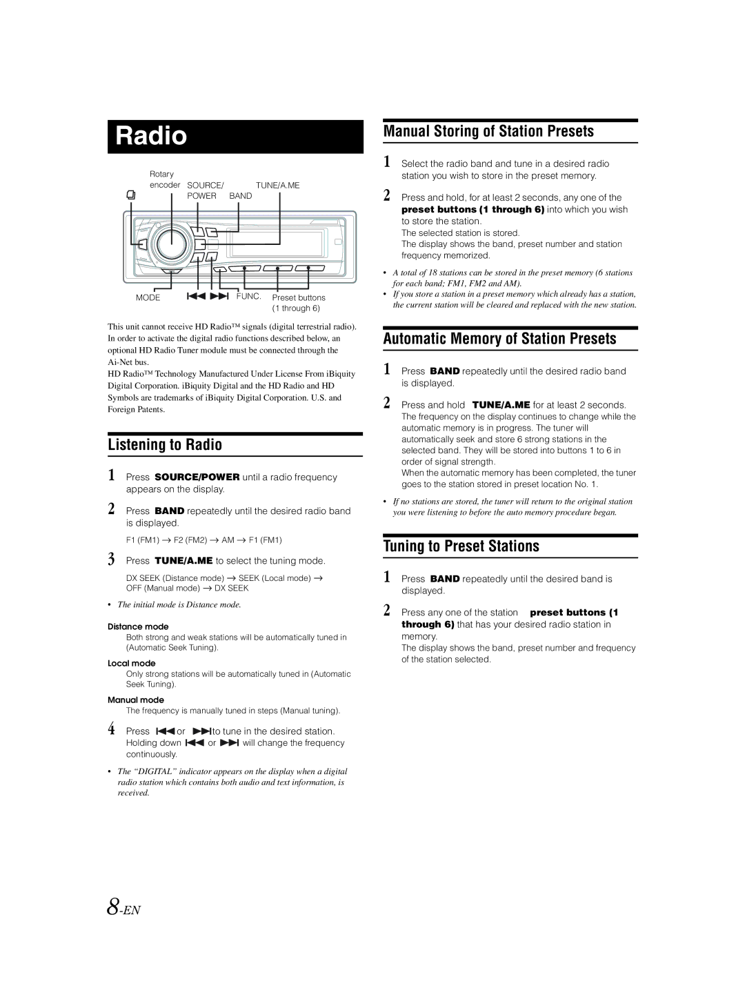 Alpine CDA-9856 owner manual Listening to Radio, Manual Storing of Station Presets, Automatic Memory of Station Presets 