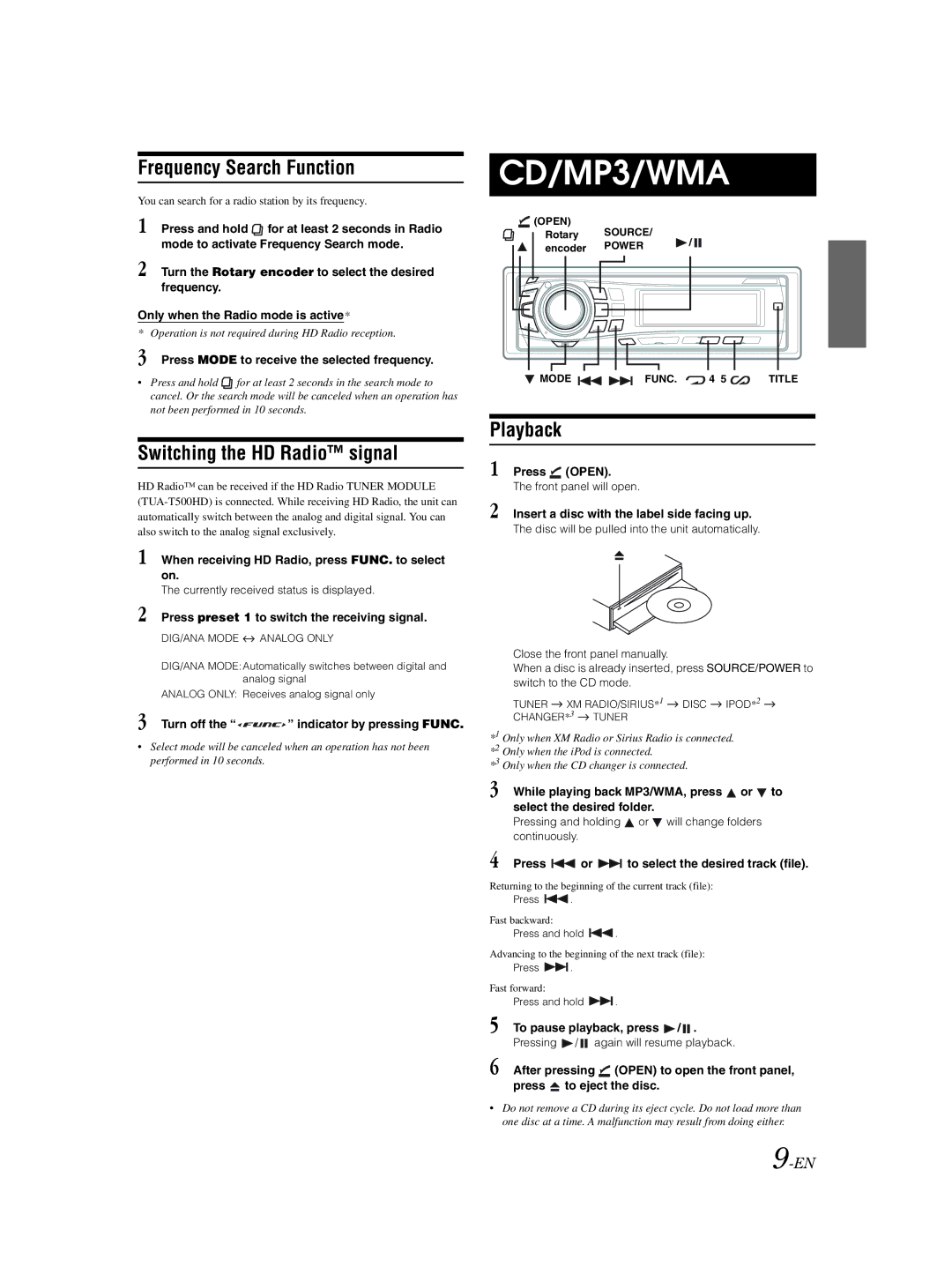 Alpine CDA-9856 owner manual Frequency Search Function, Switching the HD Radio signal, Playback 