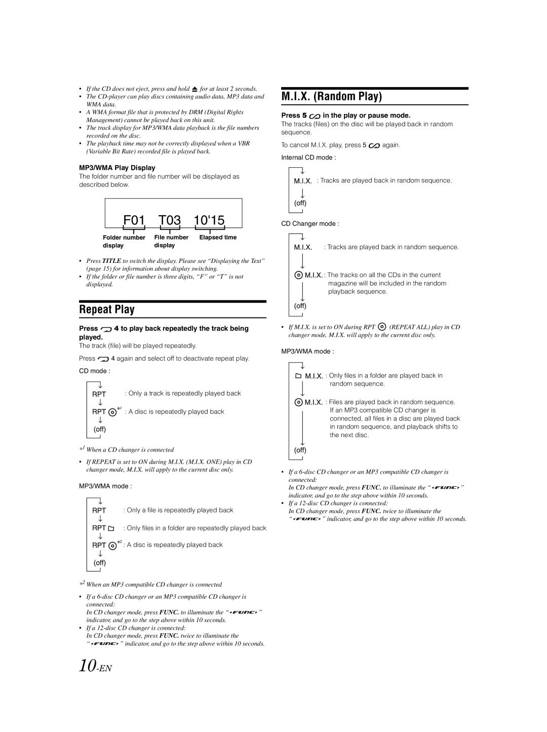 Alpine CDA-9856 owner manual Repeat Play, X. Random Play, 10-EN 