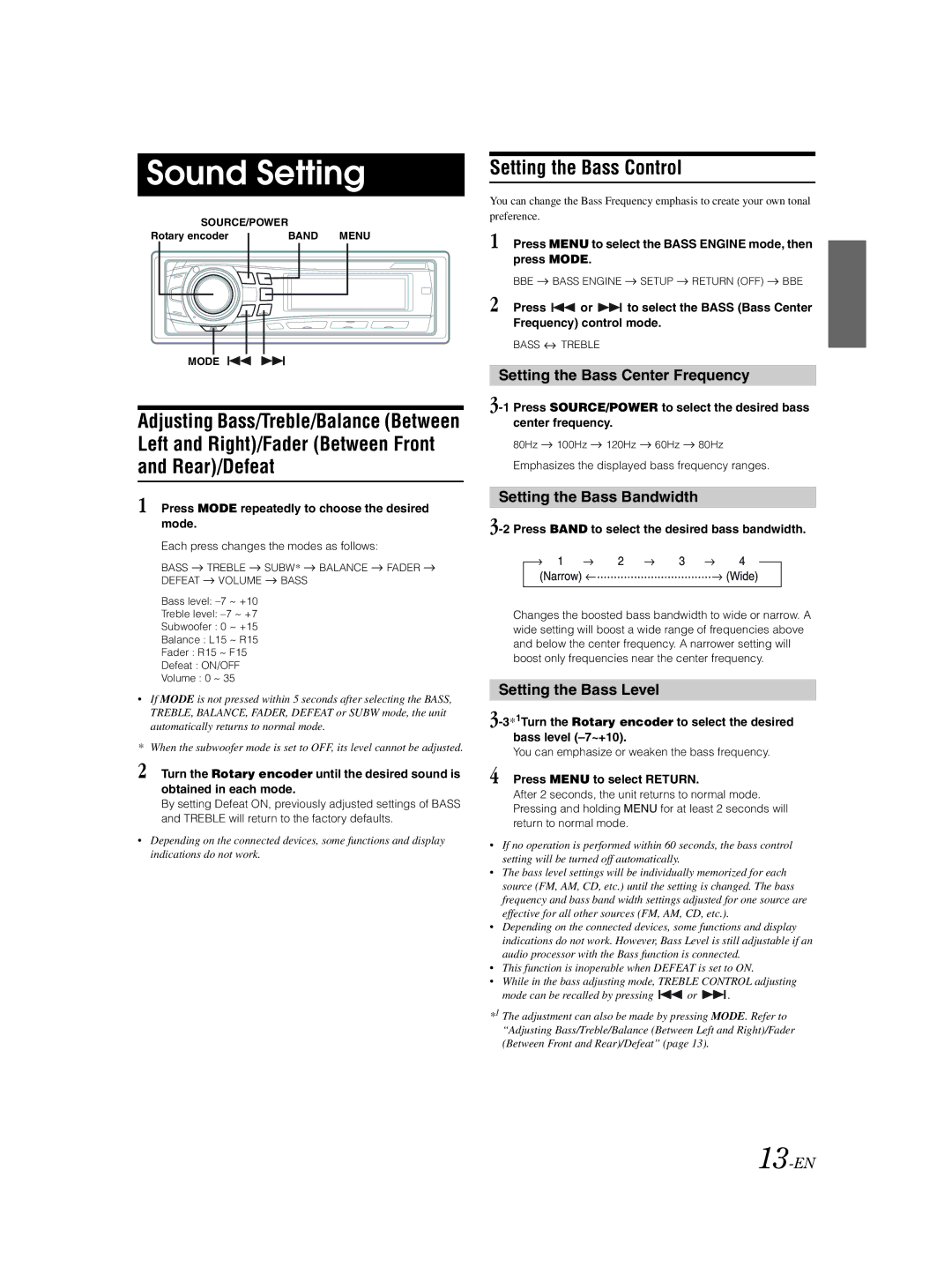 Alpine CDA-9856 owner manual Sound Setting, Left and Right/Fader Between Front Rear/Defeat, Setting the Bass Control 