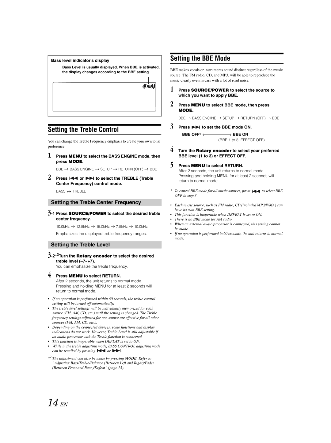 Alpine CDA-9856 owner manual Setting the Treble Control, Setting the BBE Mode, Setting the Treble Center Frequency, 14-EN 