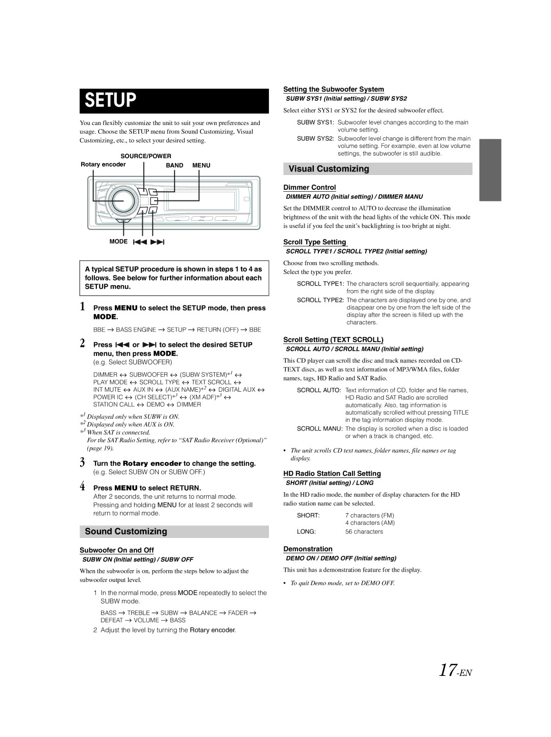 Alpine CDA-9856 owner manual Sound Customizing, Visual Customizing, 17-EN 