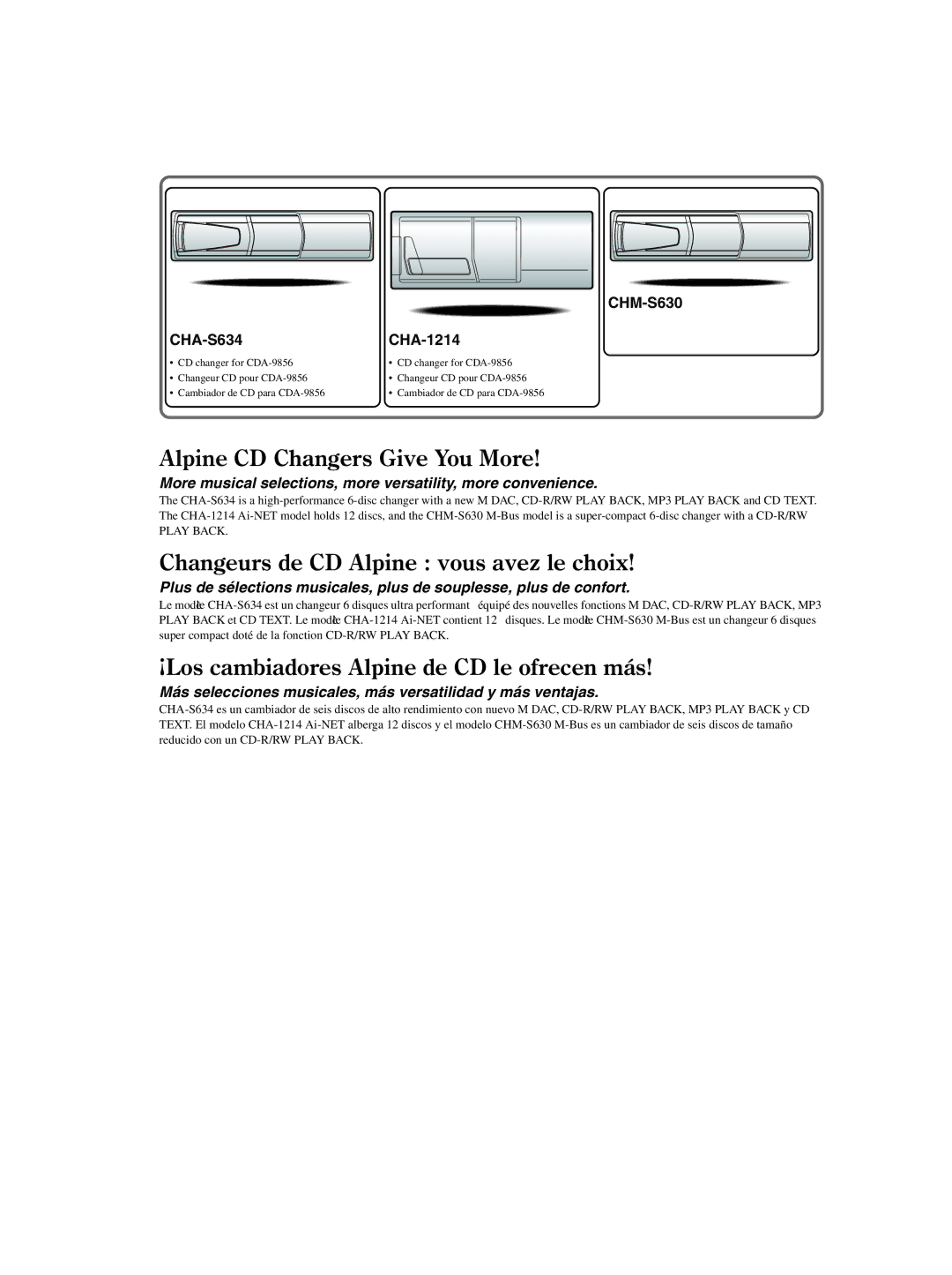 Alpine CDA-9856 owner manual Alpine CD Changers Give You More, CHM-S630 CHA-S634 CHA-1214 