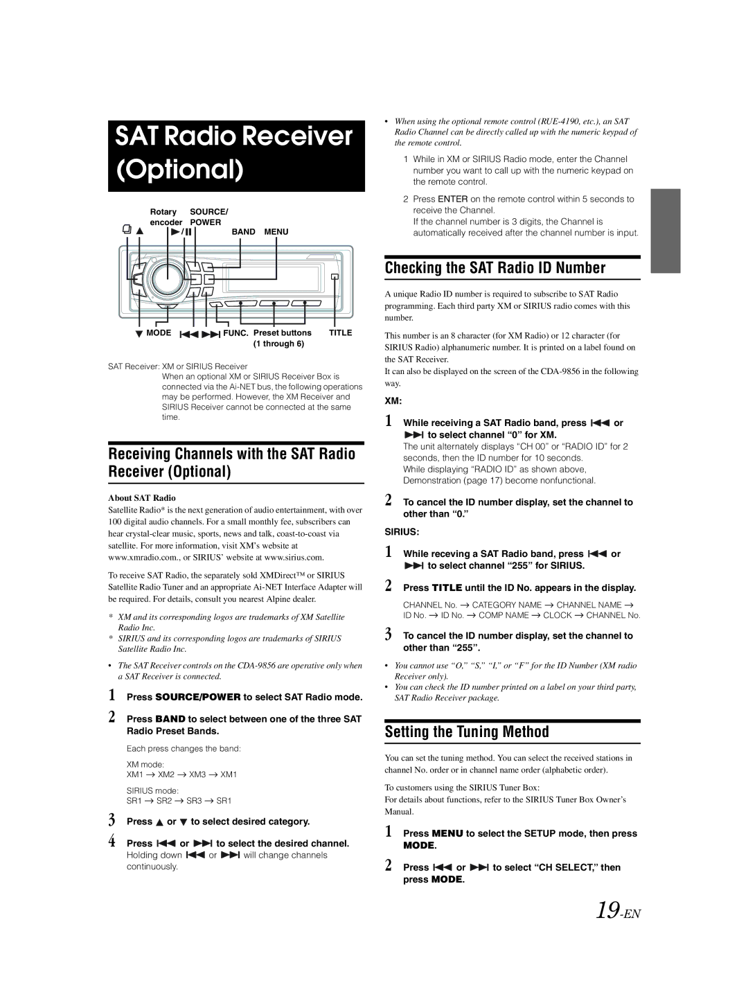 Alpine CDA-9856 Receiving Channels with the SAT Radio Receiver Optional, Checking the SAT Radio ID Number, 19-EN 