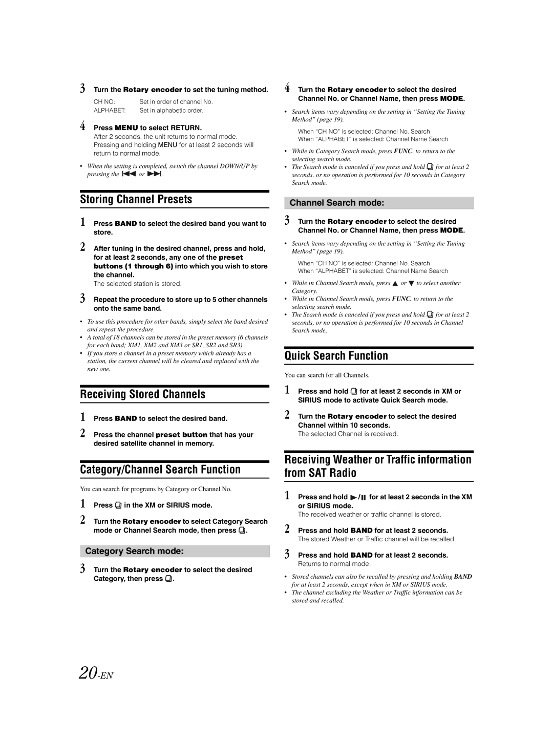 Alpine CDA-9856 owner manual Storing Channel Presets, Receiving Stored Channels, Category/Channel Search Function 
