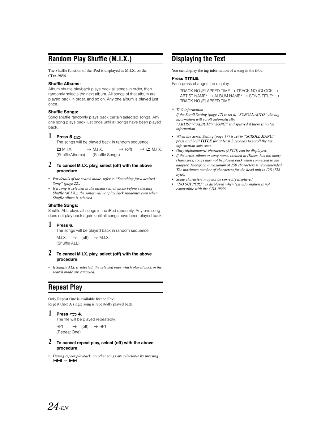 Alpine CDA-9856 owner manual Random Play Shuffle M.I.X, 24-EN 