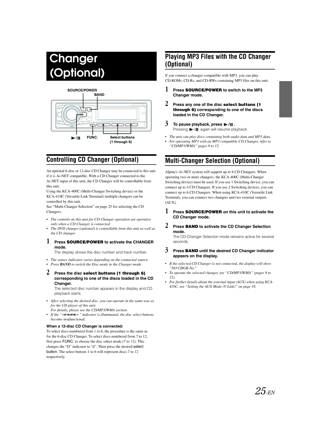 Alpine CDA-9856 owner manual Playing MP3 Files with the CD Changer Optional, Controlling CD Changer Optional, 25-EN 