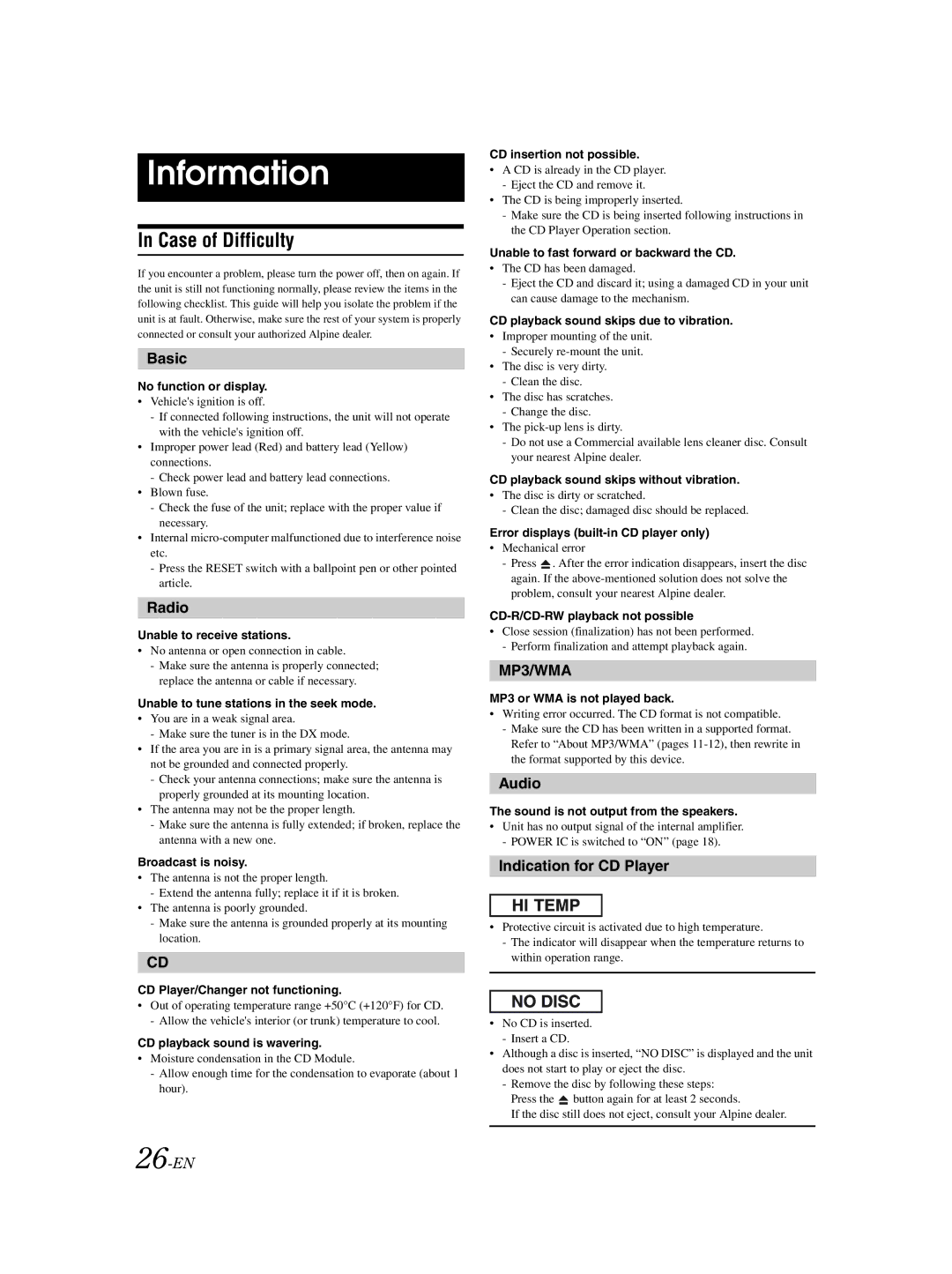 Alpine CDA-9856 owner manual Information, Case of Difficulty 