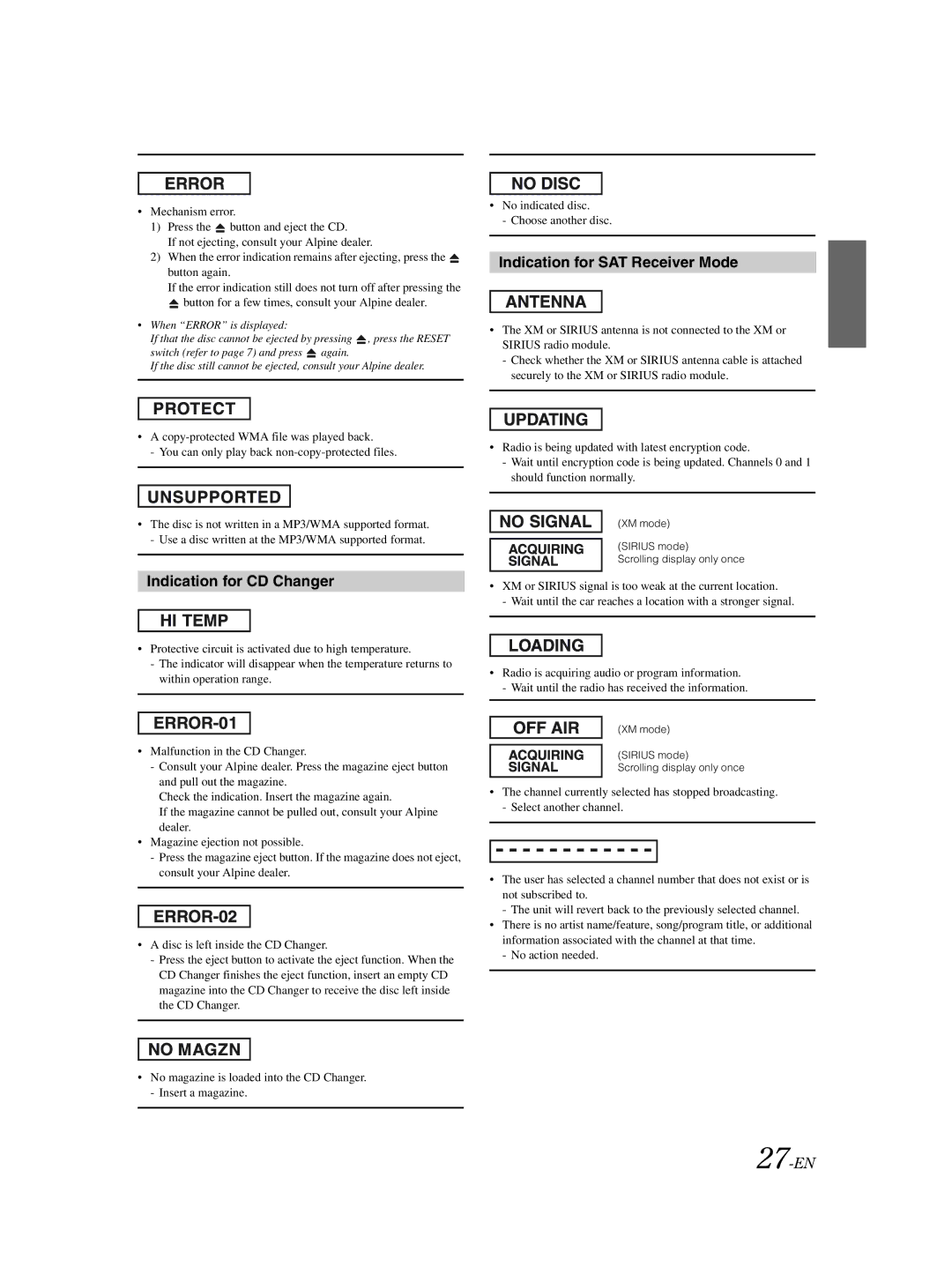 Alpine CDA-9856 owner manual Indication for CD Changer, Indication for SAT Receiver Mode, 27-EN 