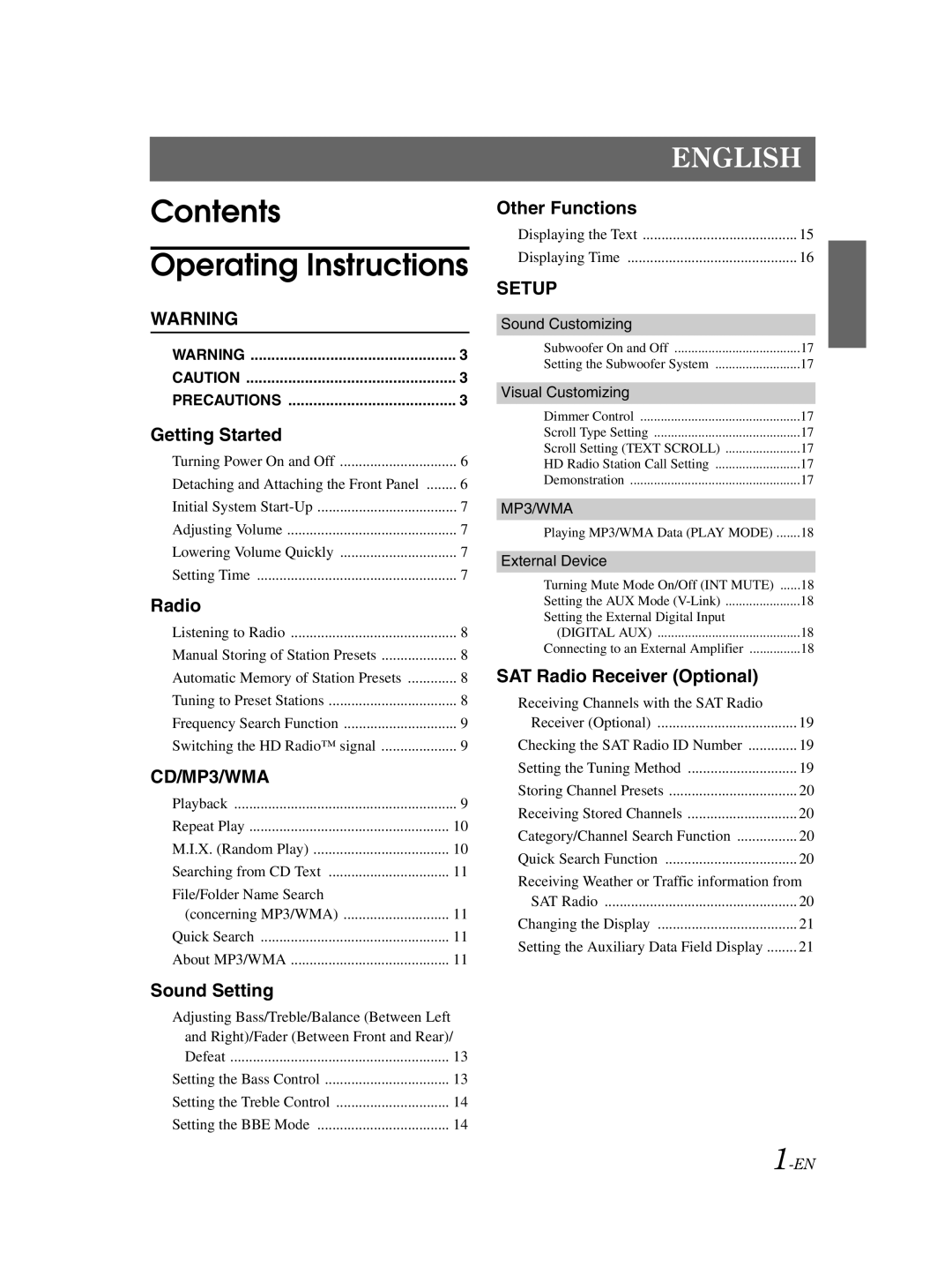 Alpine CDA-9856 owner manual Contents Operating Instructions 