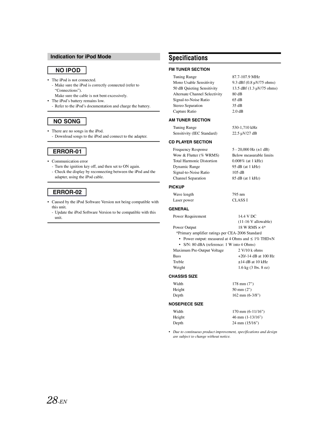 Alpine CDA-9856 owner manual Specifications, Indication for iPod Mode, 28-EN 