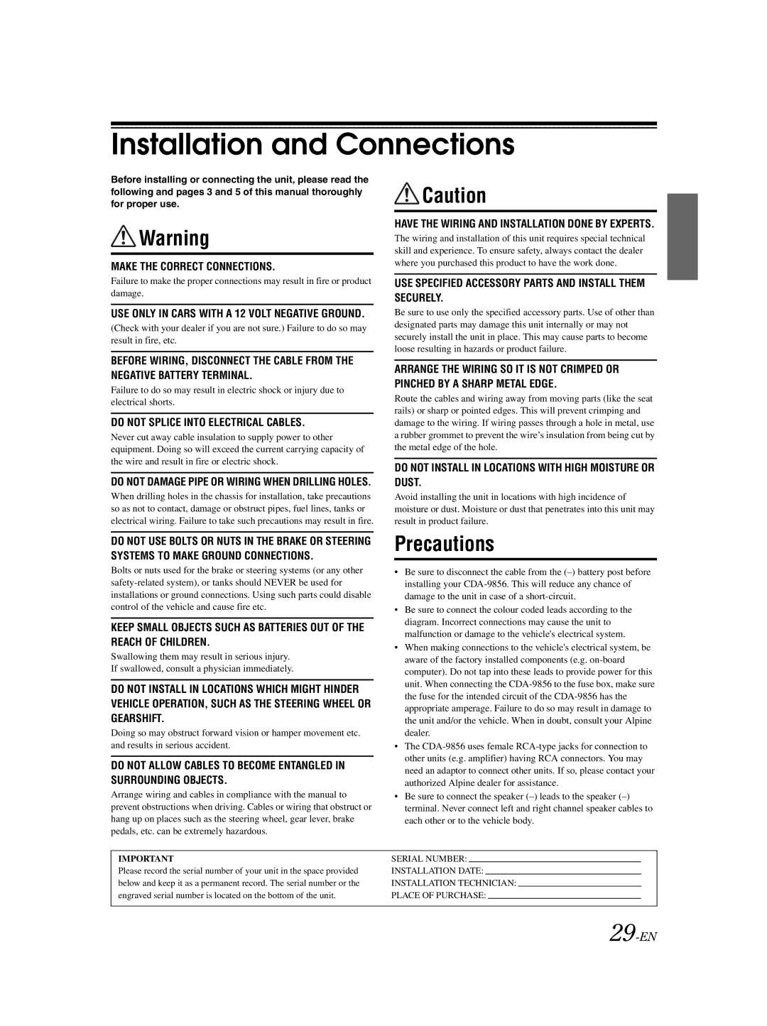 Alpine CDA-9856 owner manual Installation and Connections, 29-EN 