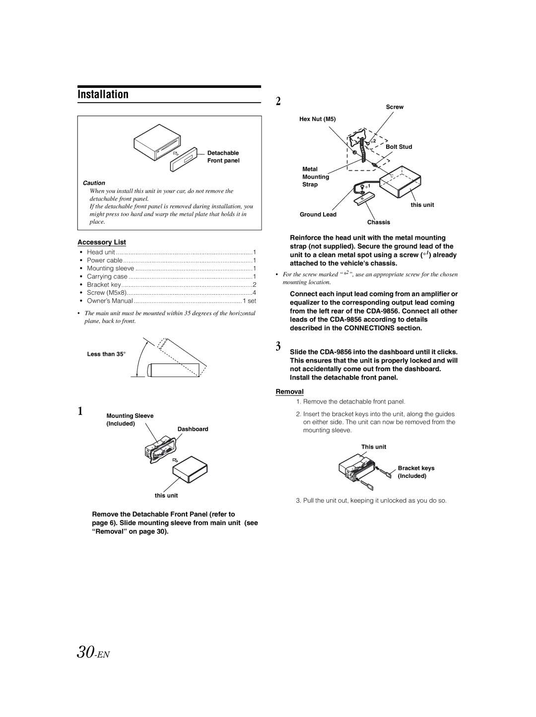 Alpine CDA-9856 owner manual Installation, 30-EN, Accessory List, Install the detachable front panel Removal 