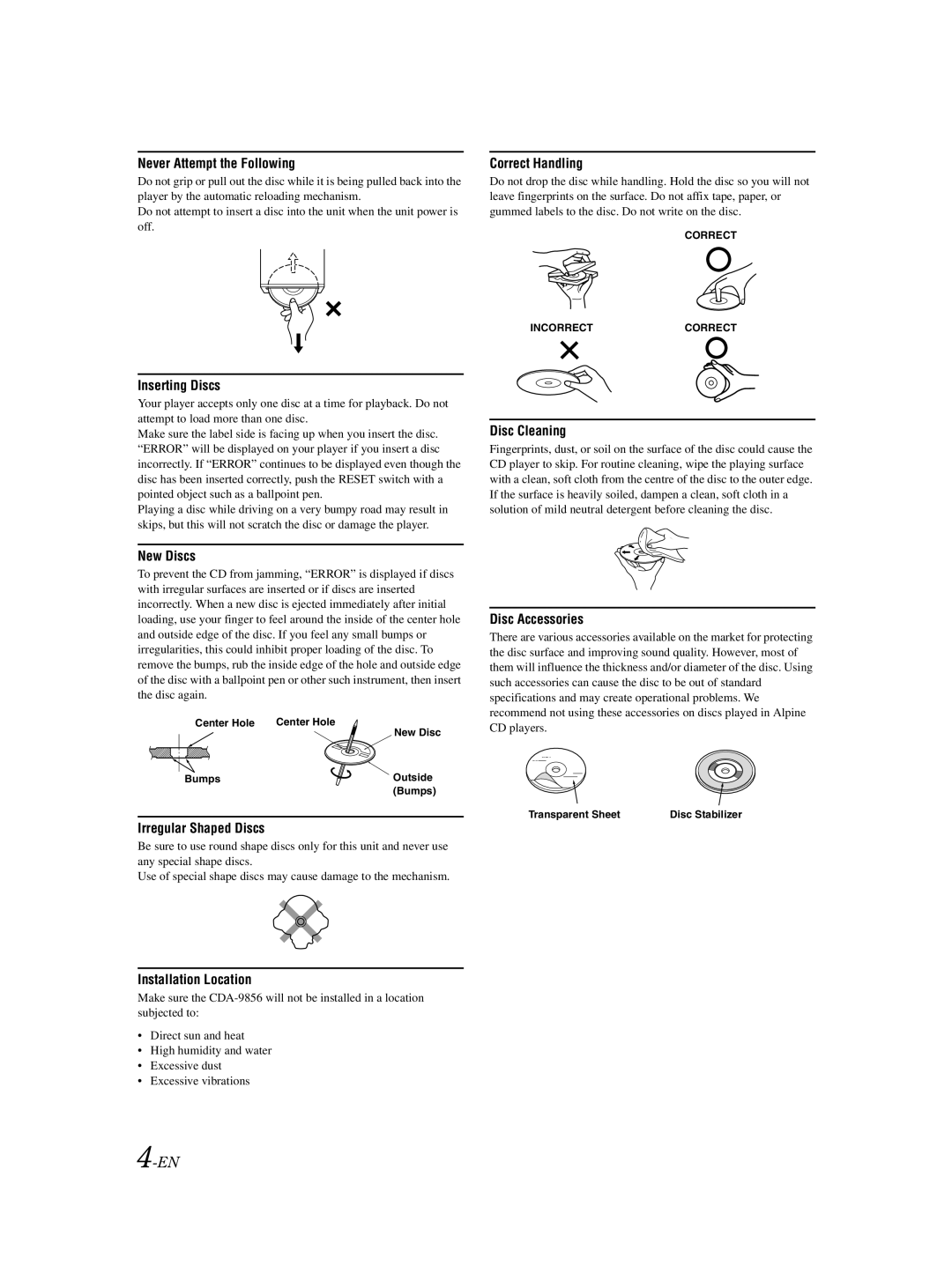 Alpine CDA-9856 owner manual Never Attempt the Following 