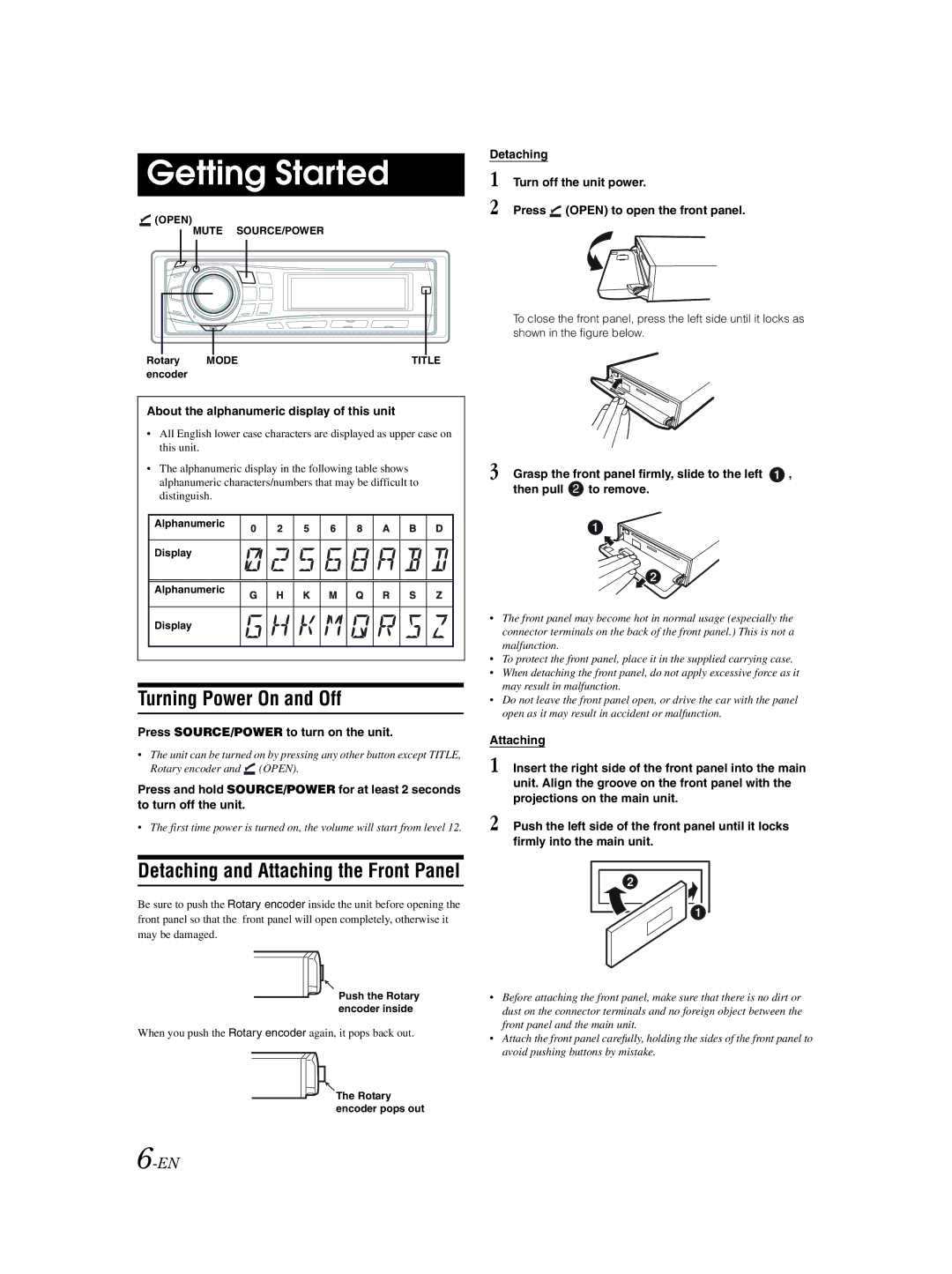 Alpine CDA-9856 owner manual Getting Started, Turning Power On and Off, About the alphanumeric display of this unit 