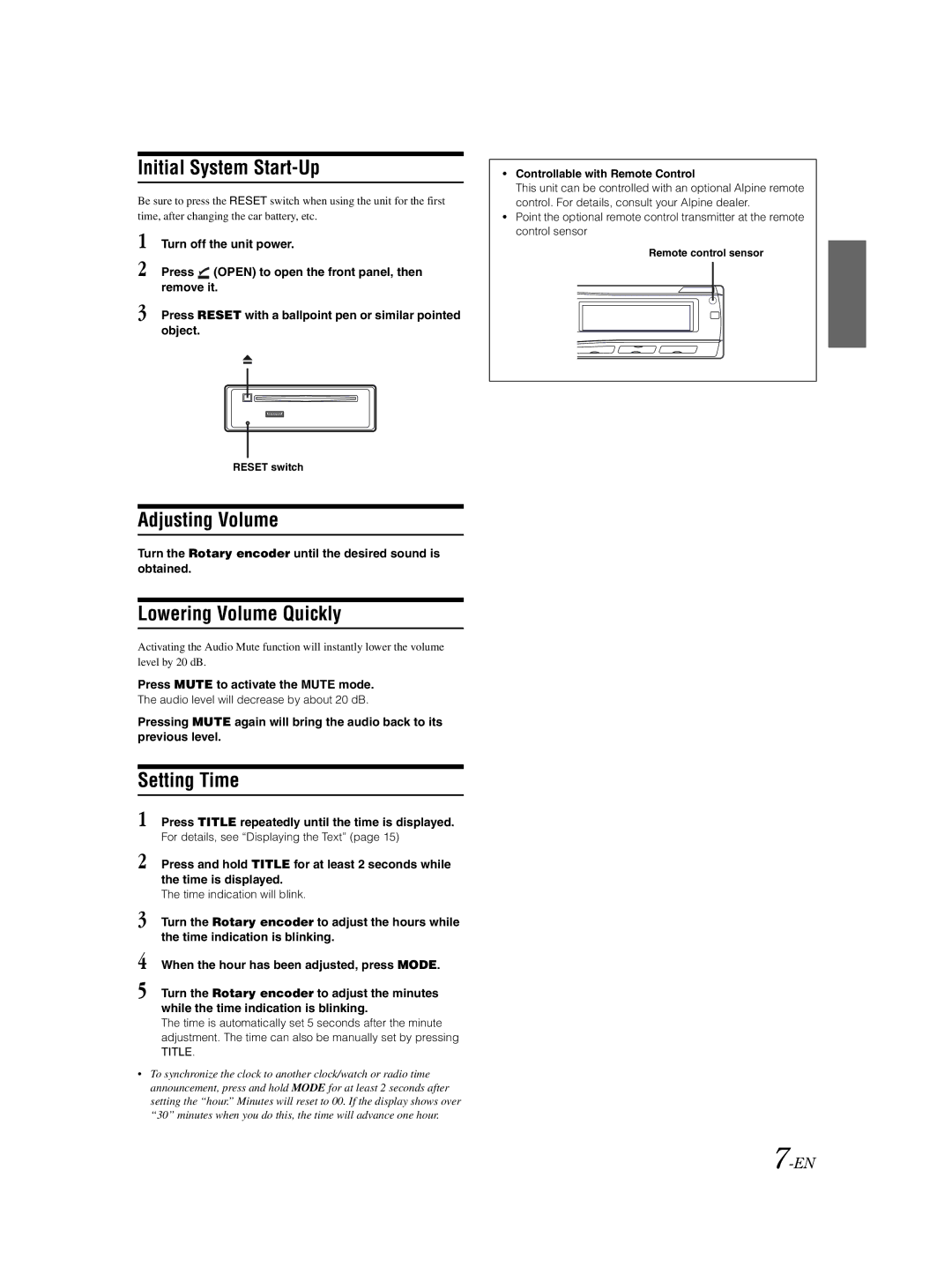 Alpine CDA-9856 owner manual Initial System Start-Up, Adjusting Volume, Lowering Volume Quickly, Setting Time 