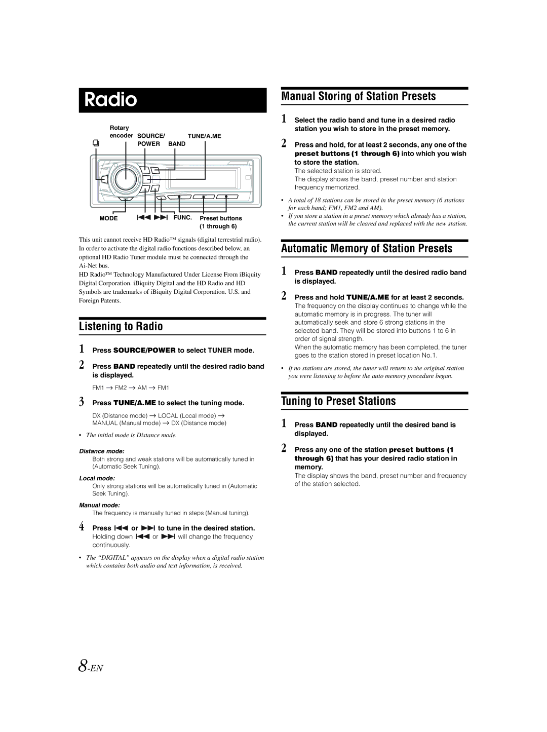 Alpine CDA-9857 owner manual Listening to Radio, Manual Storing of Station Presets, Automatic Memory of Station Presets 