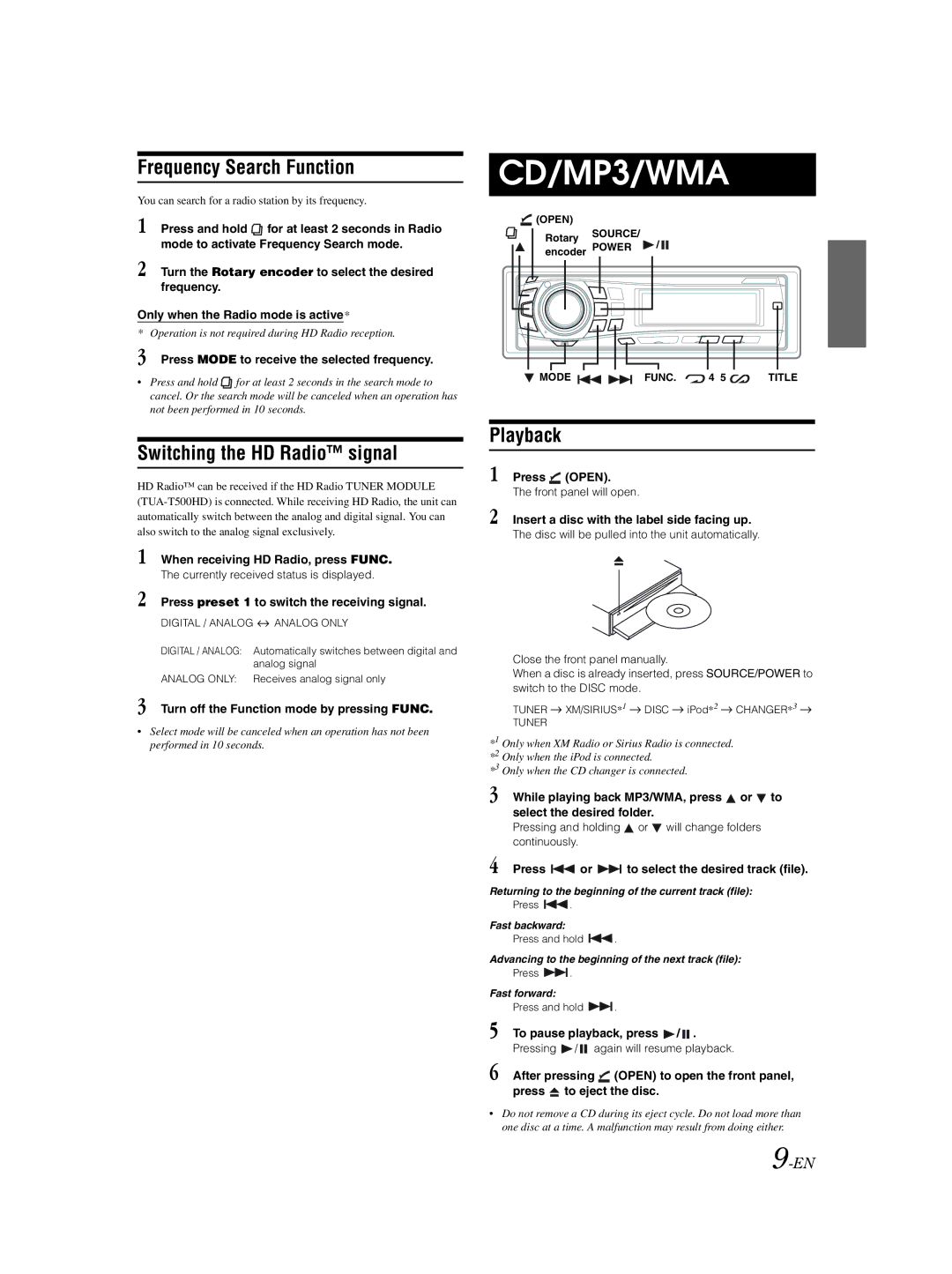 Alpine CDA-9857 owner manual Frequency Search Function, Switching the HD Radio signal, Playback 