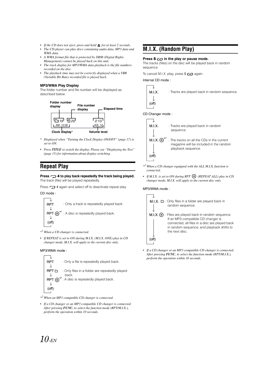 Alpine CDA-9857 owner manual Repeat Play, X. Random Play, 10-EN, MP3/WMA Play Display, Press 5 in the play or pause mode 