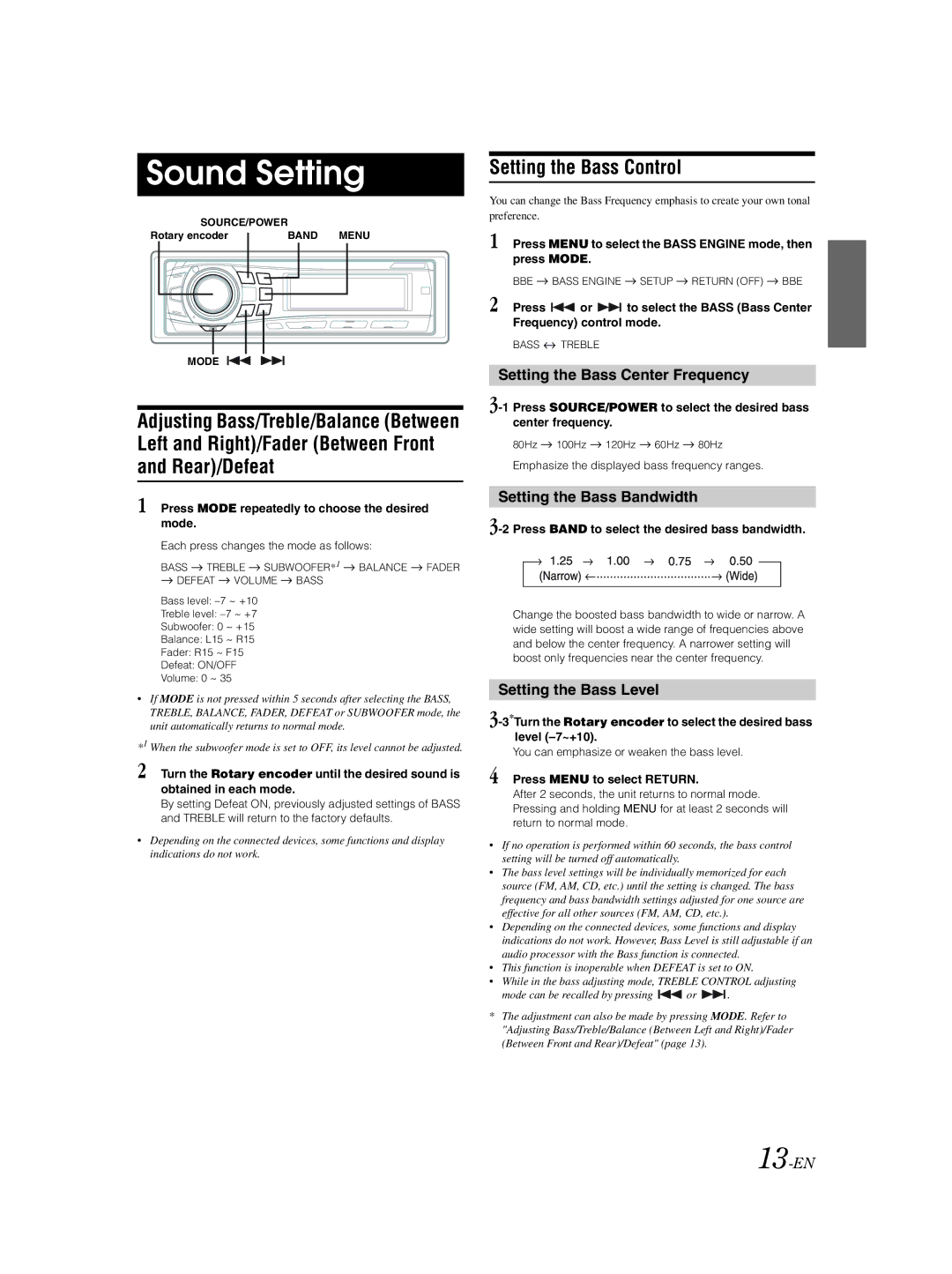 Alpine CDA-9857 owner manual Sound Setting, Left and Right/Fader Between Front Rear/Defeat, Setting the Bass Control 