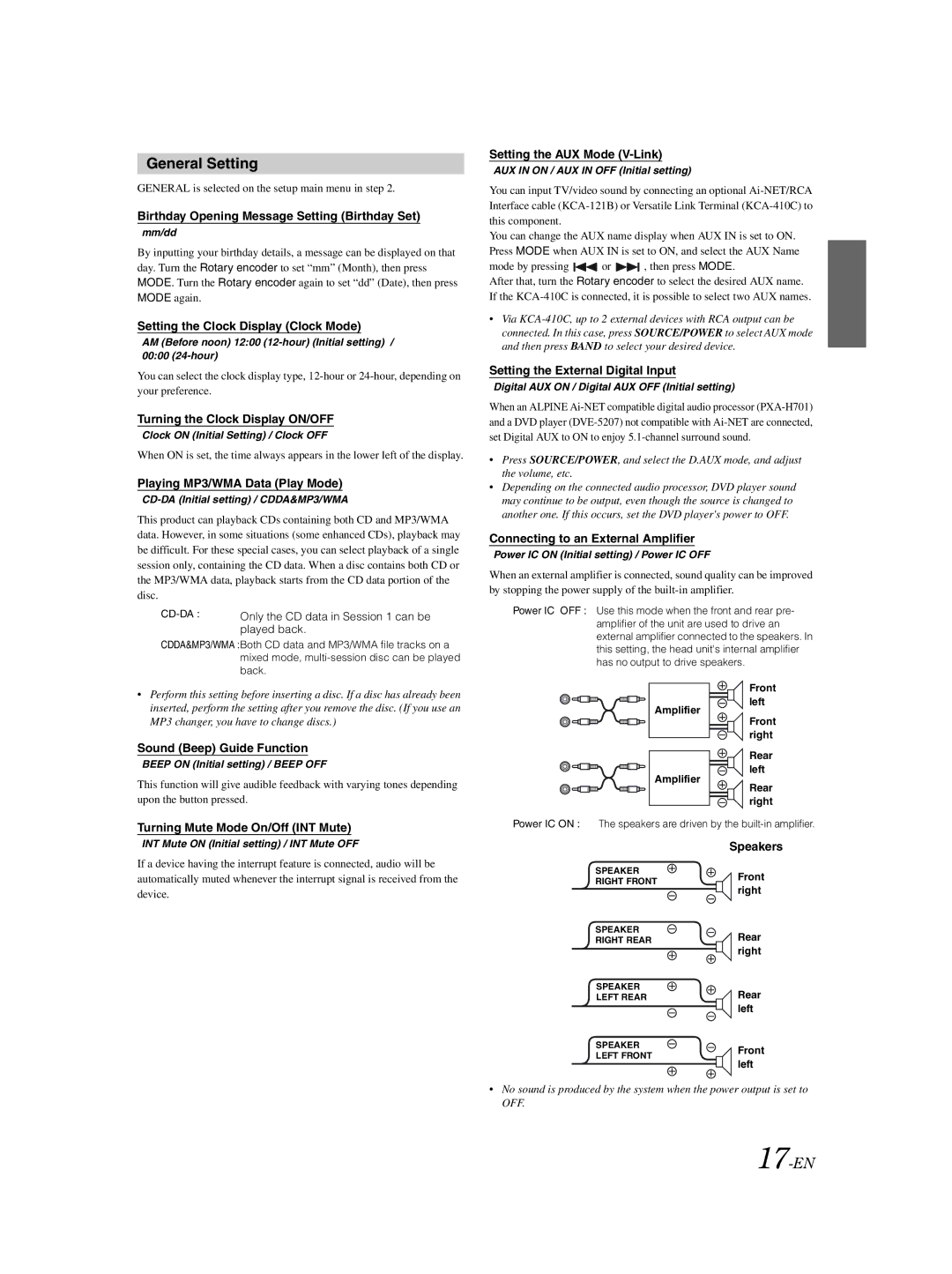 Alpine CDA-9857 owner manual General Setting, 17-EN 