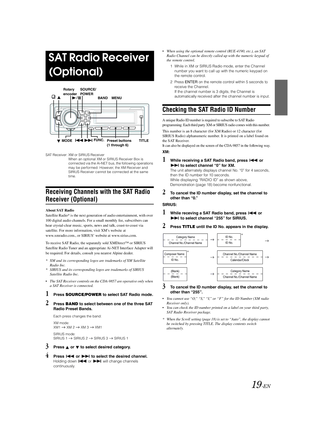 Alpine CDA-9857 Receiving Channels with the SAT Radio Receiver Optional, Checking the SAT Radio ID Number, 19-EN 