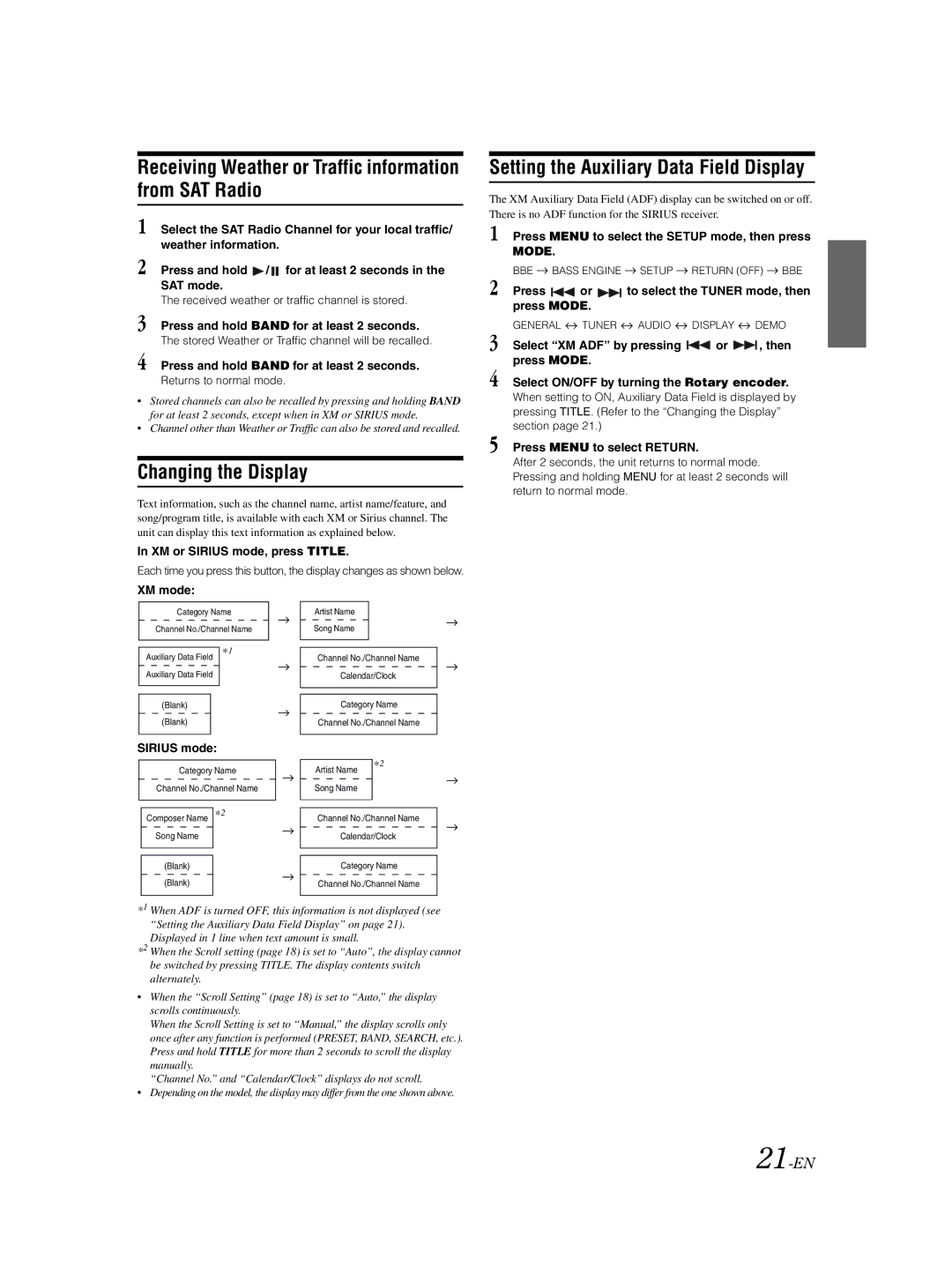 Alpine CDA-9857 owner manual Receiving Weather or Traffic information from SAT Radio, Changing the Display, 21-EN 