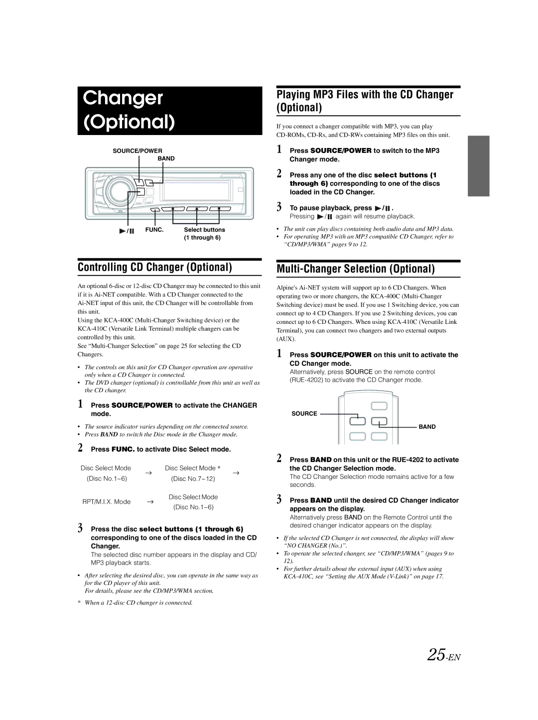 Alpine CDA-9857 owner manual Playing MP3 Files with the CD Changer Optional, Controlling CD Changer Optional, 25-EN 