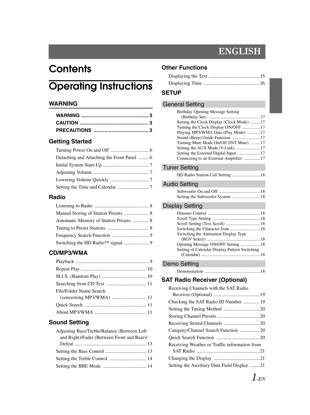 Alpine CDA-9857 owner manual Contents Operating Instructions 