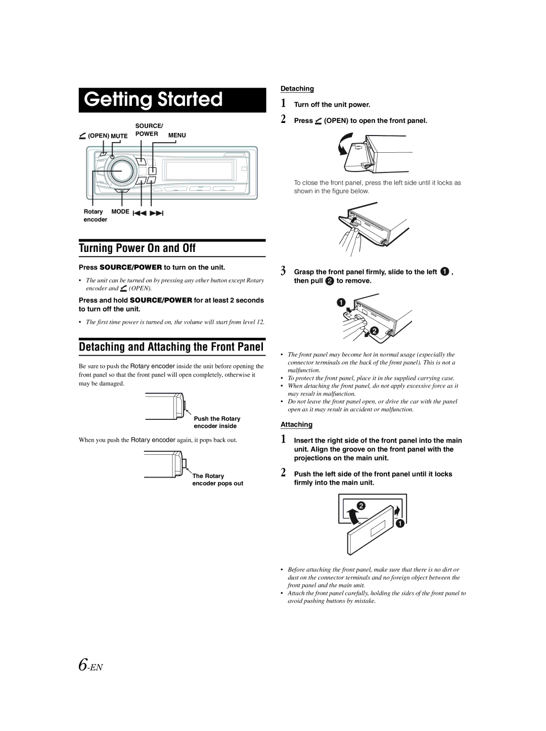 Alpine CDA-9857 owner manual Getting Started, Turning Power On and Off, Press SOURCE/POWER to turn on the unit 