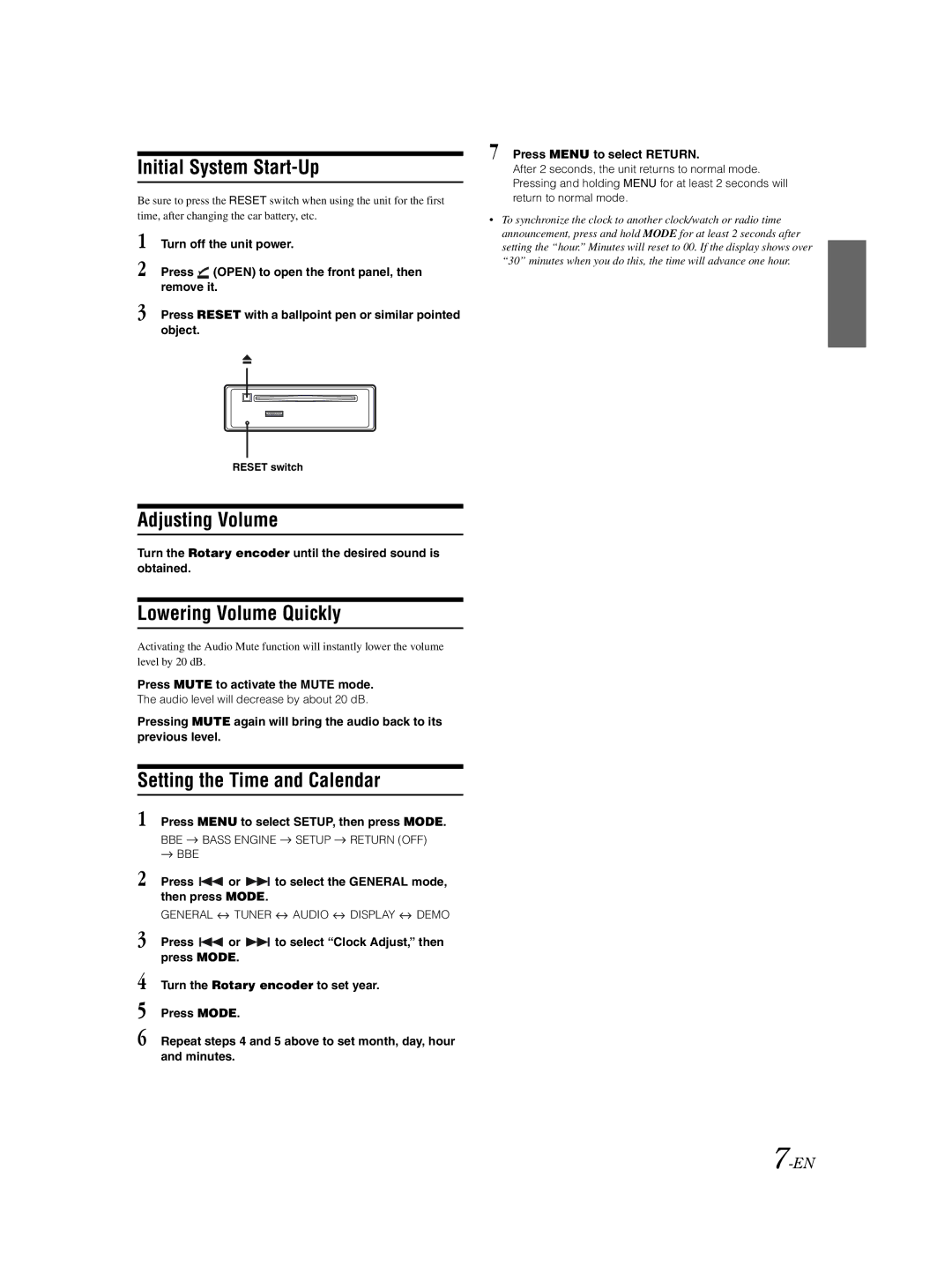 Alpine CDA-9857 Initial System Start-Up, Adjusting Volume, Lowering Volume Quickly, Setting the Time and Calendar 