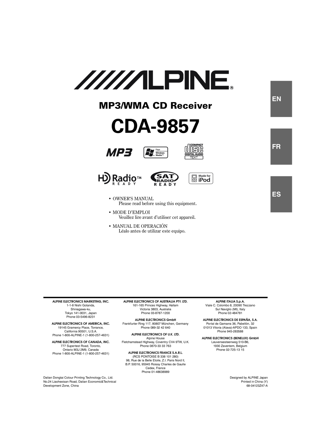 Alpine CDA-9857 owner manual MP3/WMA CD Receiver, Fr Es 