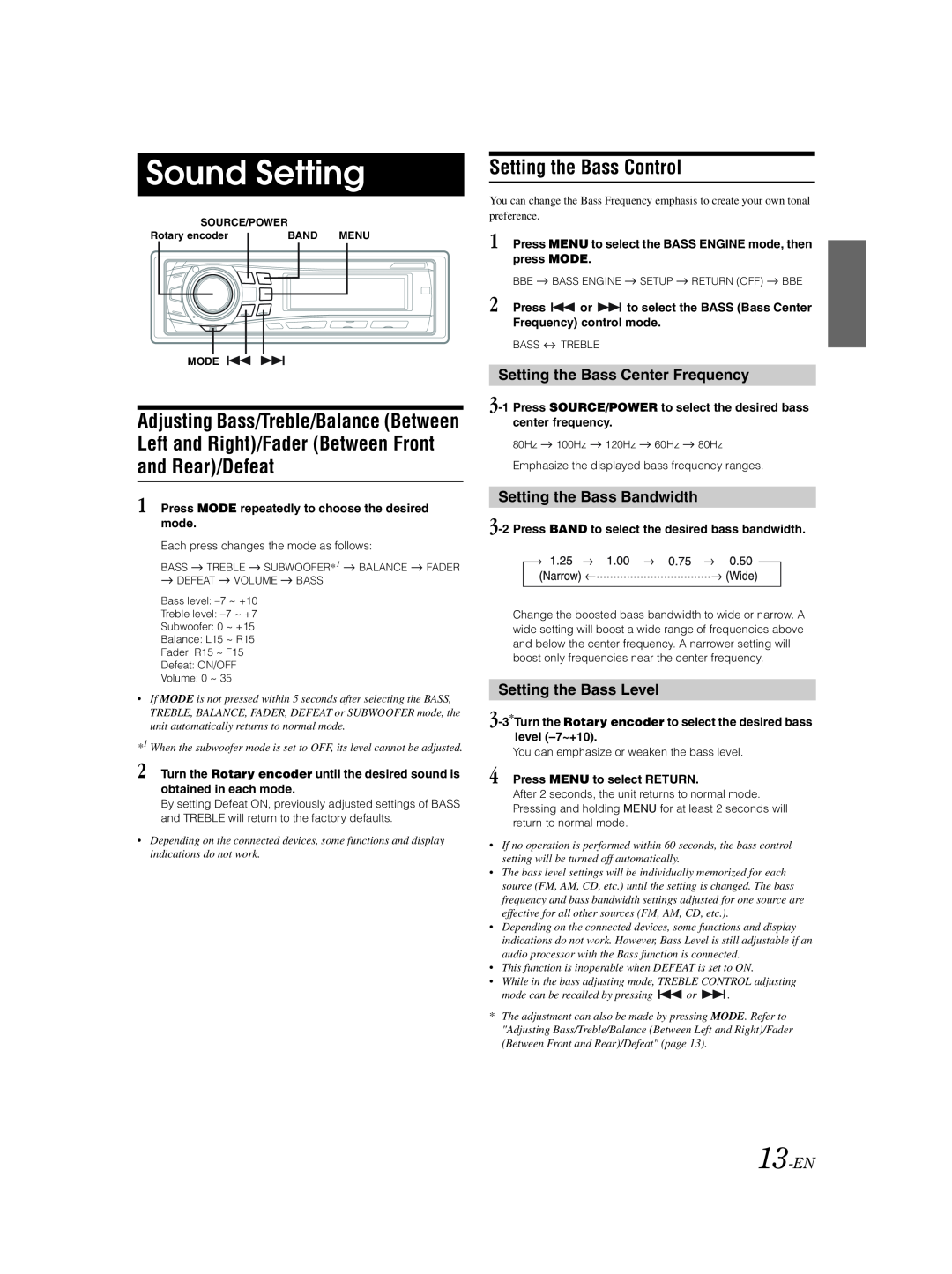 Alpine CDA-9857 Sound Setting, Left and Right/Fader Between Front, and Rear/Defeat, Setting the Bass Control, 13-EN 