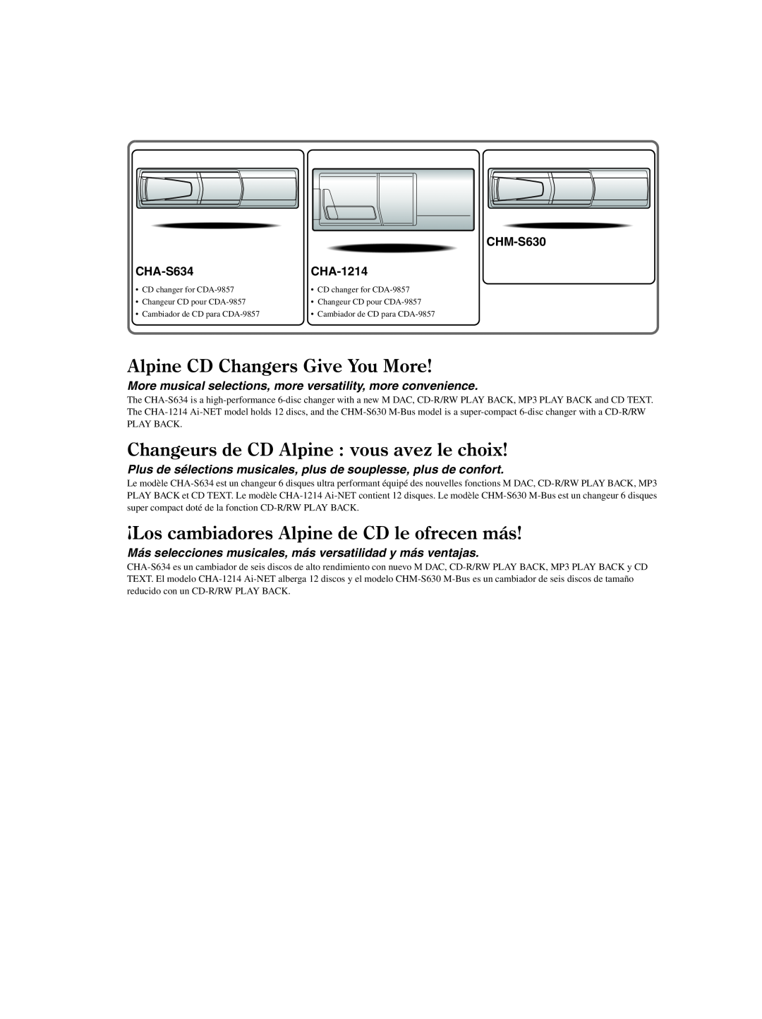 Alpine CDA-9857 owner manual CHM-S630, CHA-S634, CHA-1214, Alpine CD Changers Give You More 