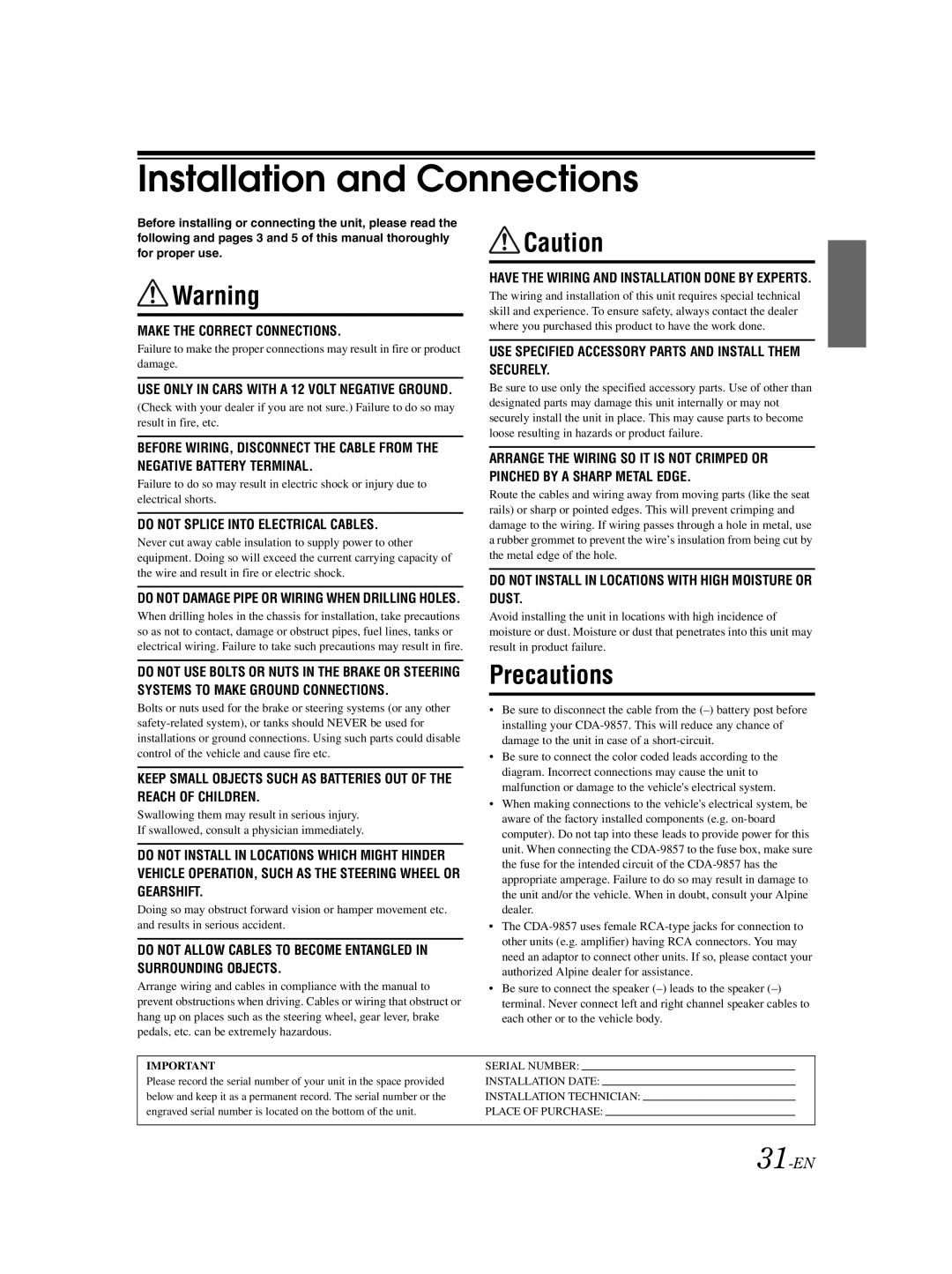 Alpine CDA-9857 owner manual Installation and Connections, Precautions, 31-EN 