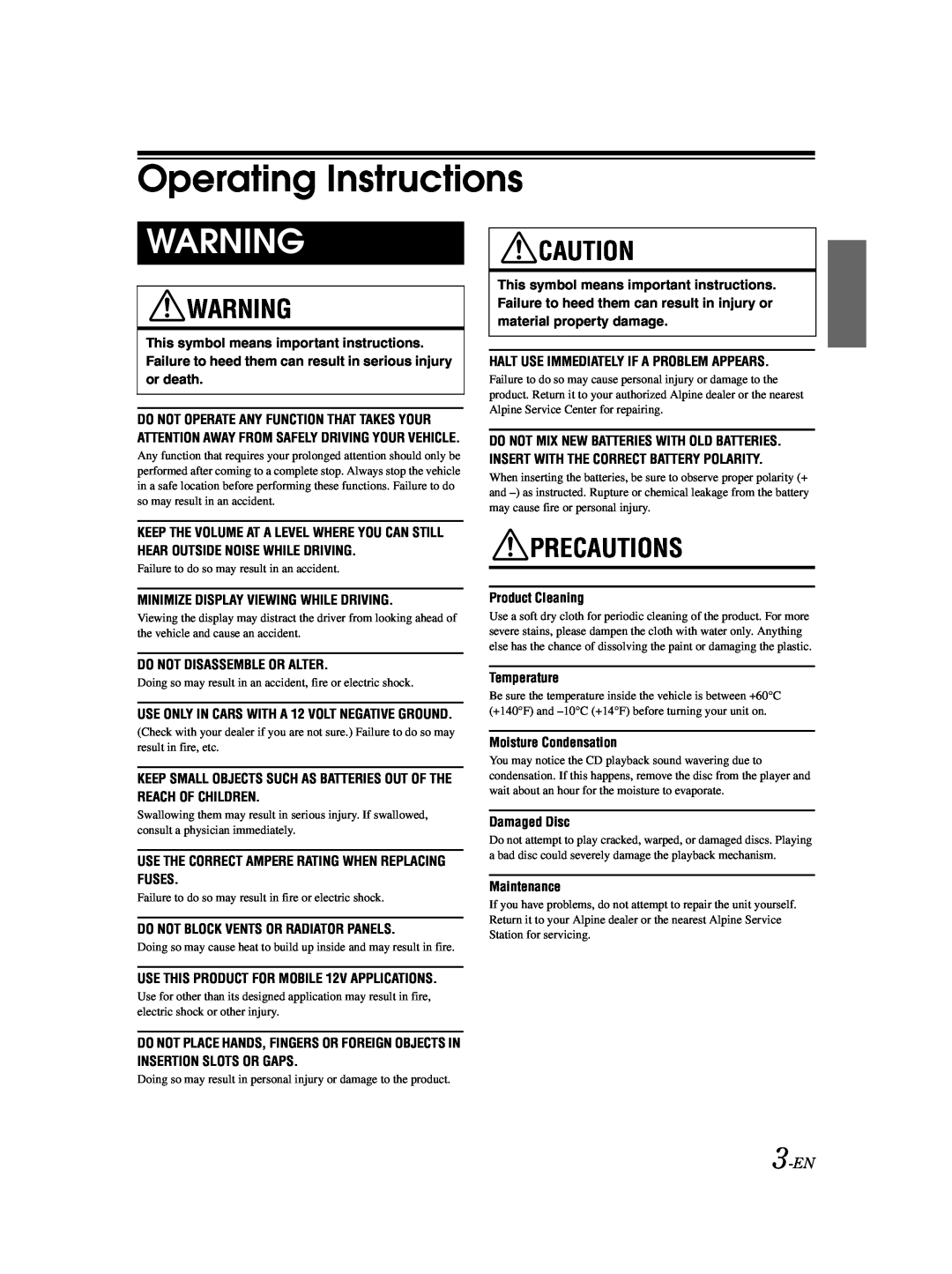 Alpine CDA-9857 owner manual Operating Instructions, Precautions, 3-EN 