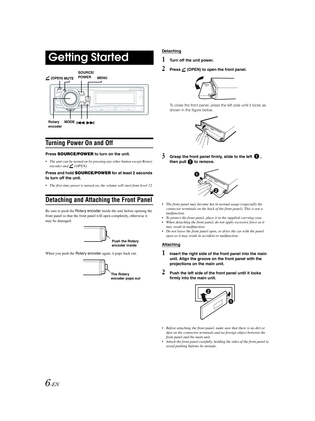 Alpine CDA-9857 owner manual Getting Started, Turning Power On and Off, Detaching and Attaching the Front Panel, 6-EN 