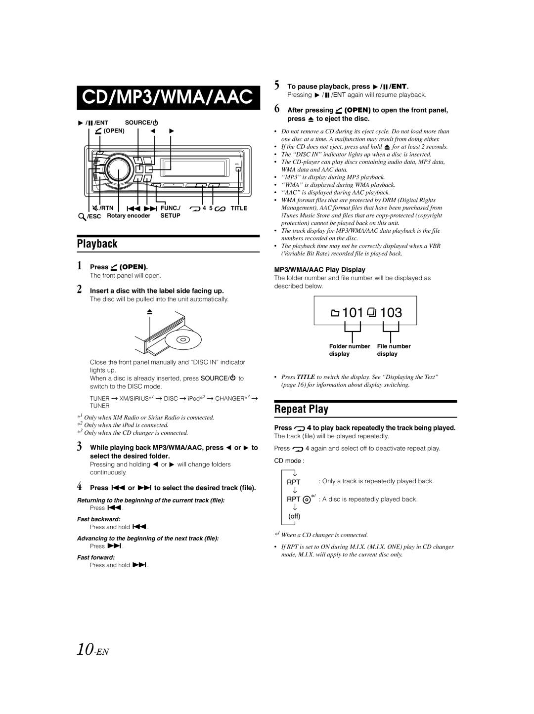 Alpine CDA-9883 owner manual Playback, Repeat Play, 10-EN 