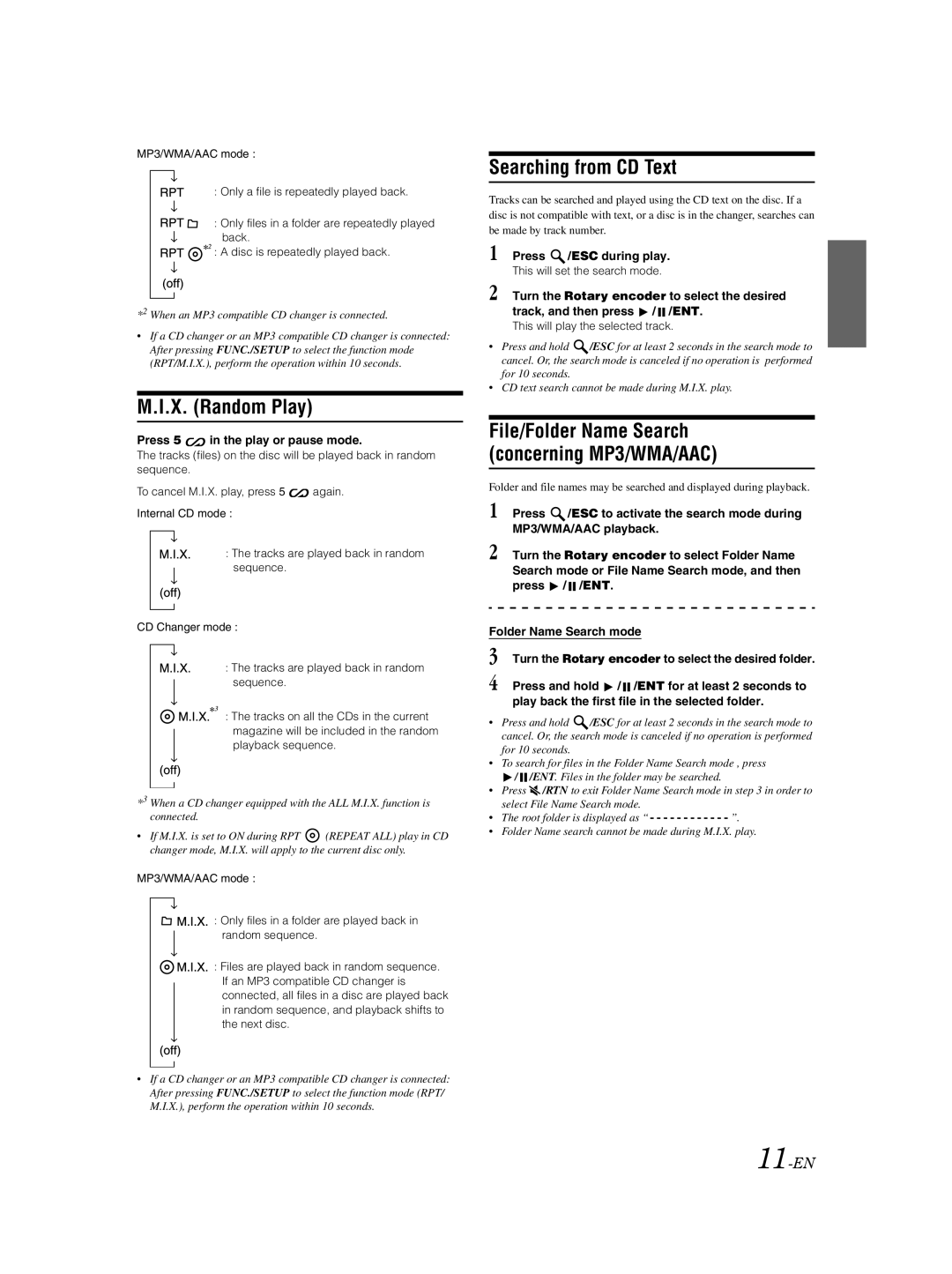 Alpine CDA-9883 X. Random Play, Searching from CD Text, 11-EN, Press 5 in the play or pause mode, Press /ESC during play 