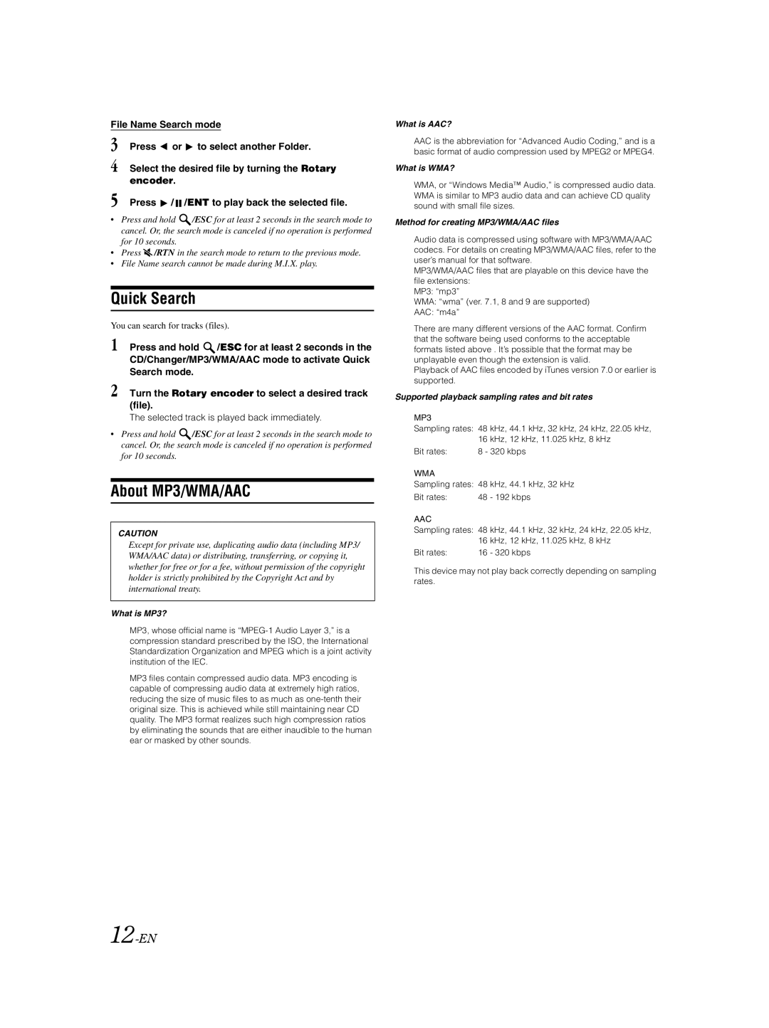 Alpine CDA-9883 owner manual Quick Search, About MP3/WMA/AAC, 12-EN, File Name Search mode Press To select another Folder 