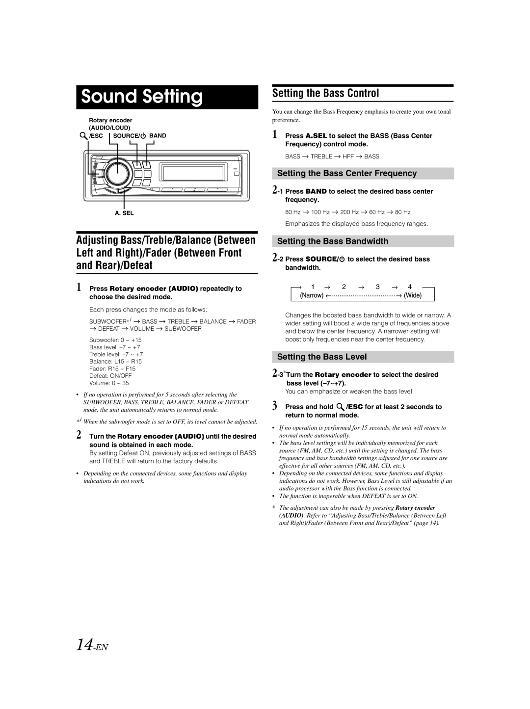 Alpine CDA-9883 owner manual Sound Setting, Setting the Bass Control, Left and Right/Fader Between Front Rear/Defeat 