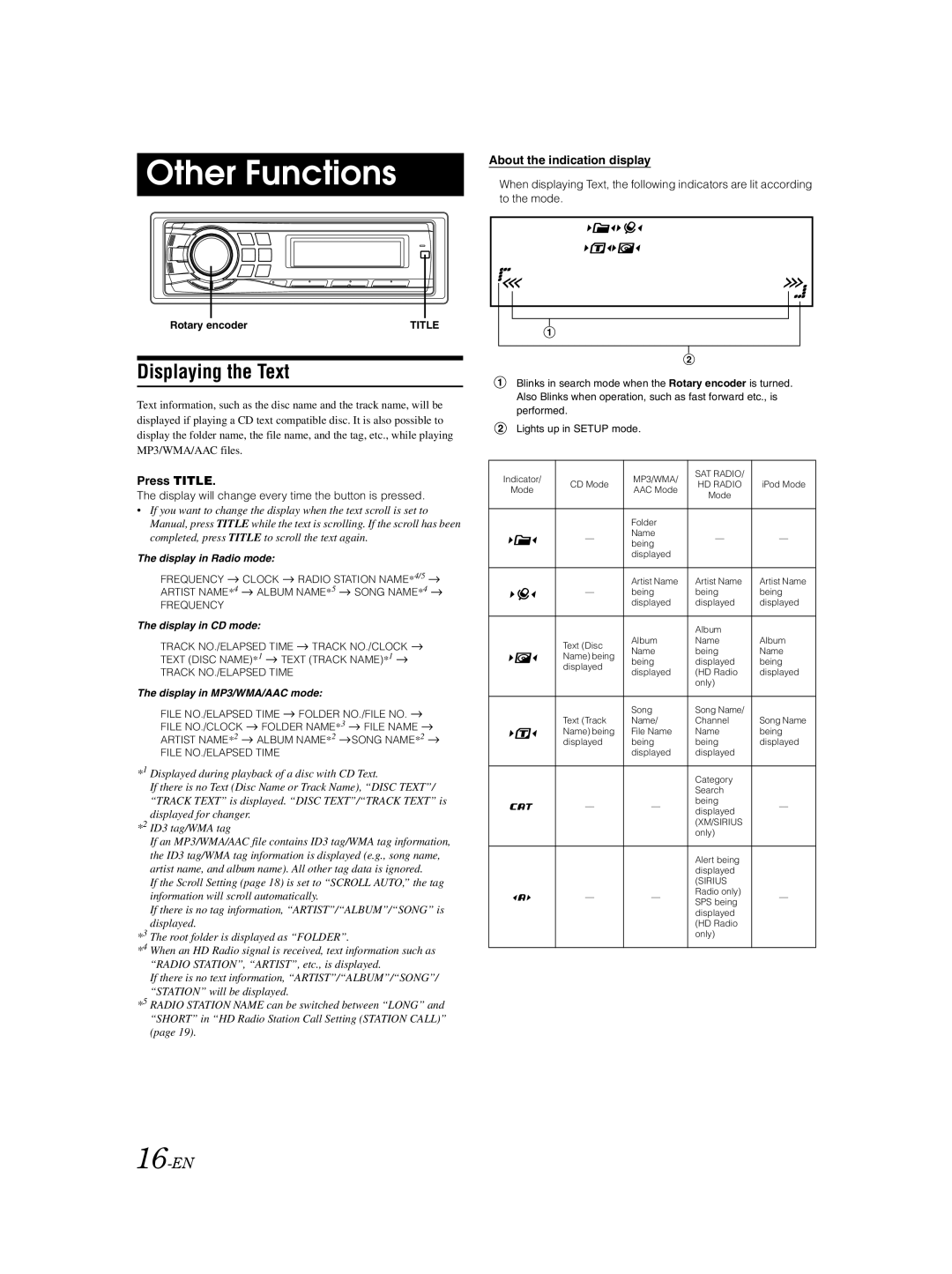 Alpine CDA-9883 owner manual Other Functions, Displaying the Text, 16-EN, About the indication display, Press Title 