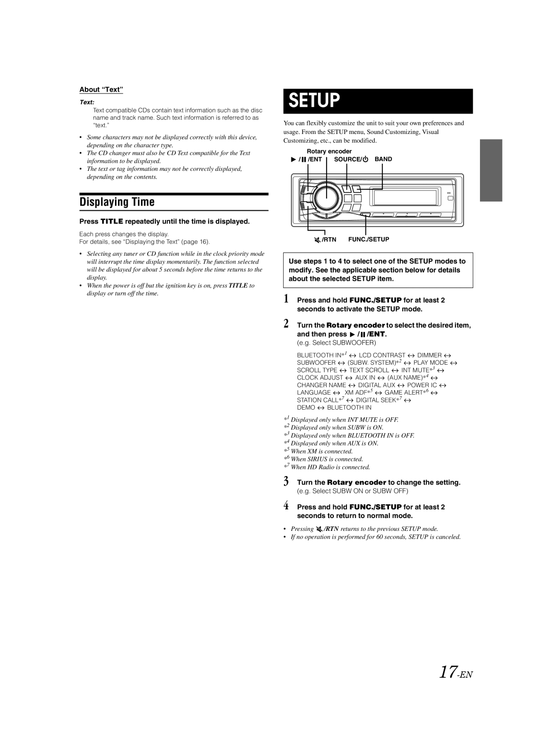 Alpine CDA-9883 owner manual Displaying Time, 17-EN, About Text, Press Title repeatedly until the time is displayed 