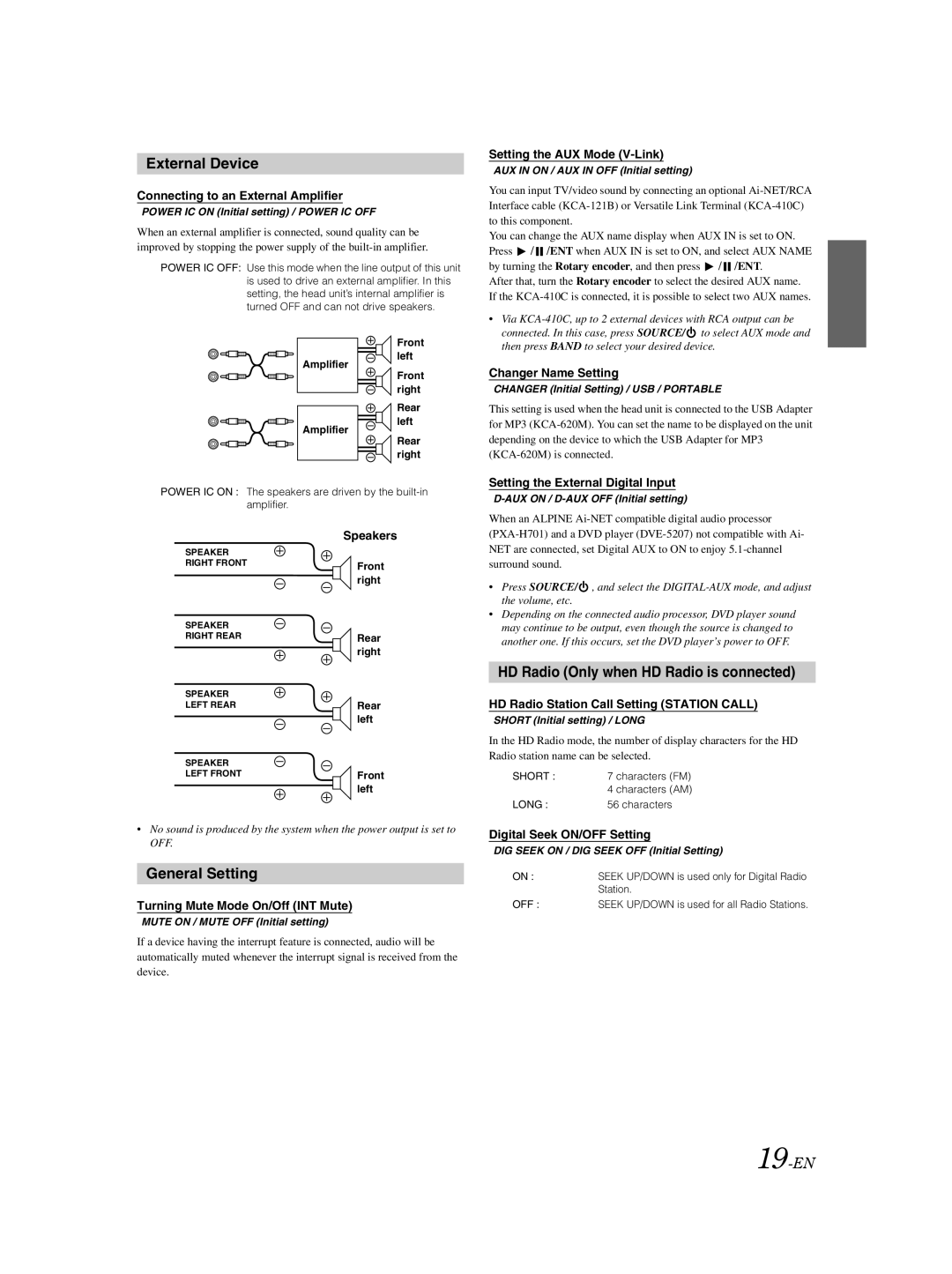 Alpine CDA-9883 owner manual External Device, General Setting, HD Radio Only when HD Radio is connected, 19-EN 