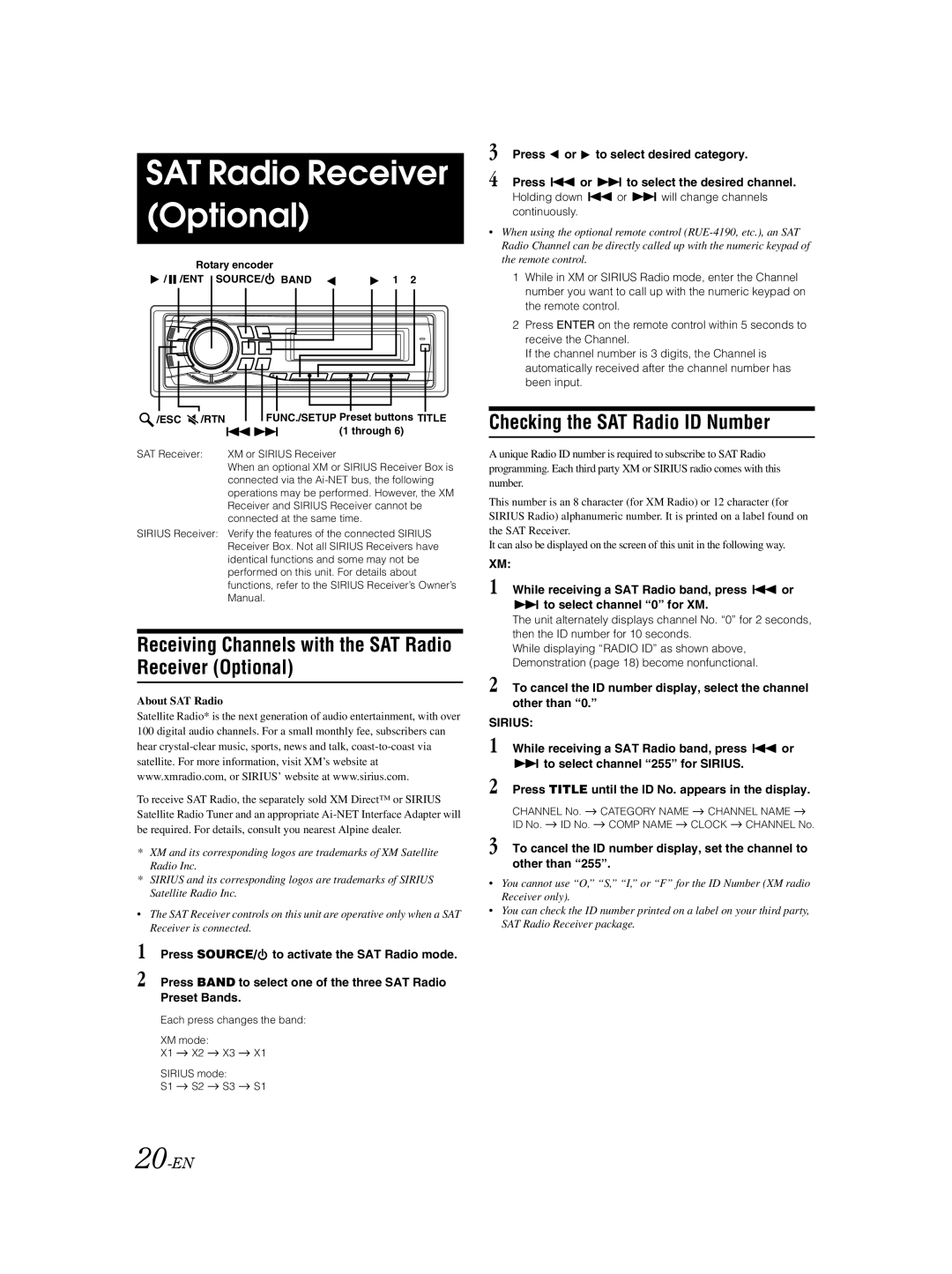 Alpine CDA-9883 Receiving Channels with the SAT Radio Receiver Optional, Checking the SAT Radio ID Number, 20-EN 